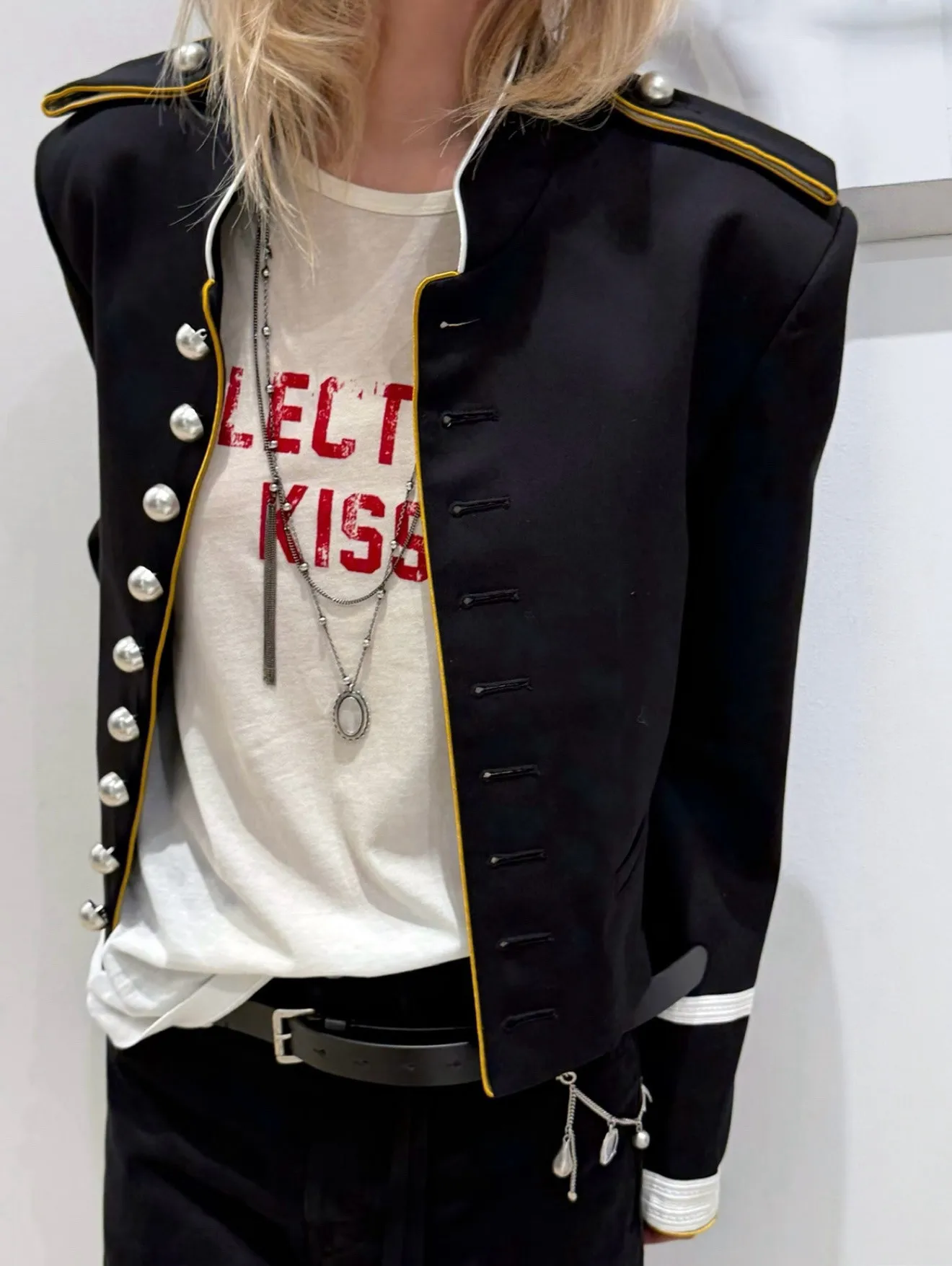 ANN Show Piece Harris Marsina Black & Gold Button Napoleon Jacket, Vintage Court Short Stand Collar Coat