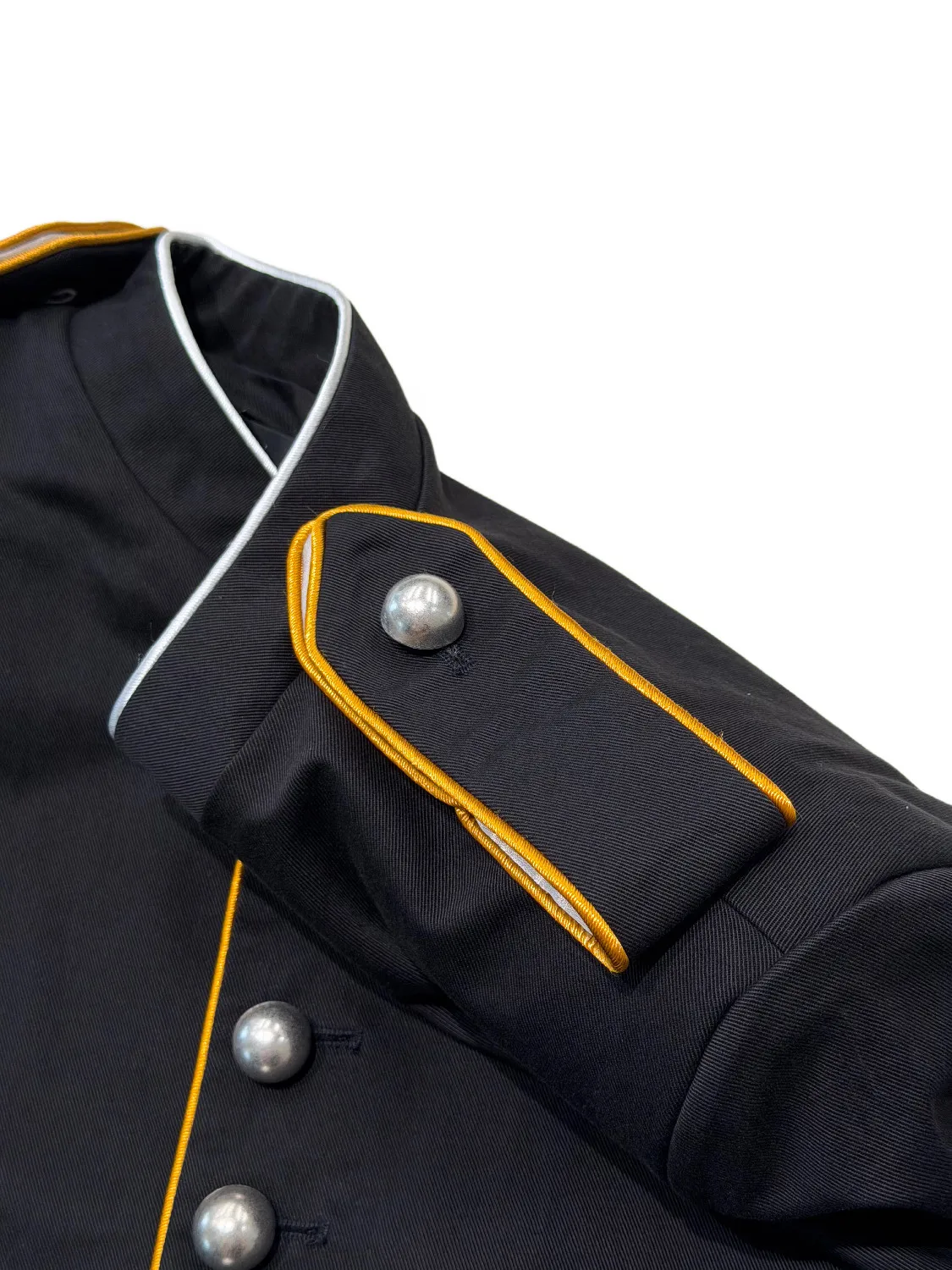 ANN Show Piece Harris Marsina Black & Gold Button Napoleon Jacket, Vintage Court Short Stand Collar Coat