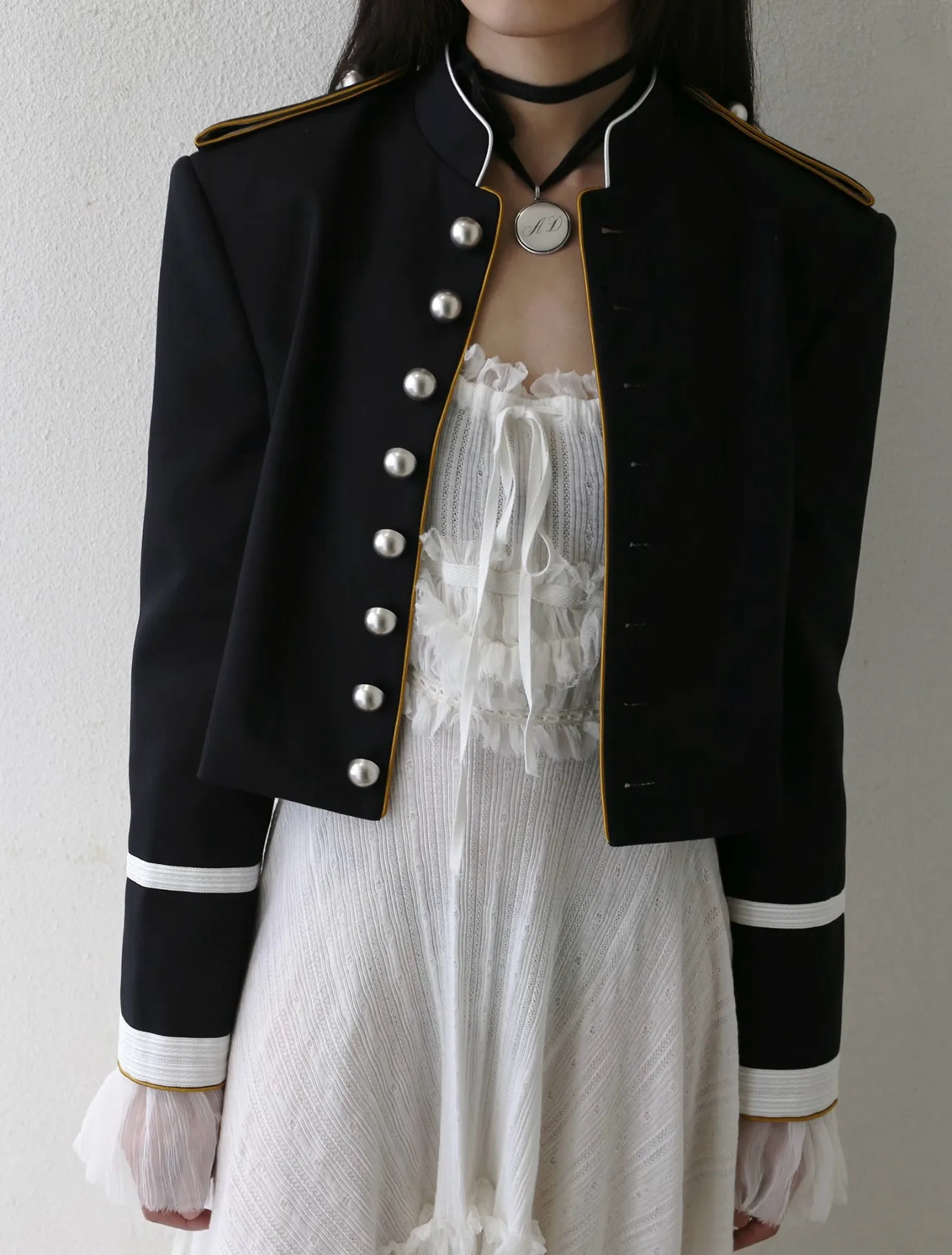ANN Show Piece Harris Marsina Black & Gold Button Napoleon Jacket, Vintage Court Short Stand Collar Coat