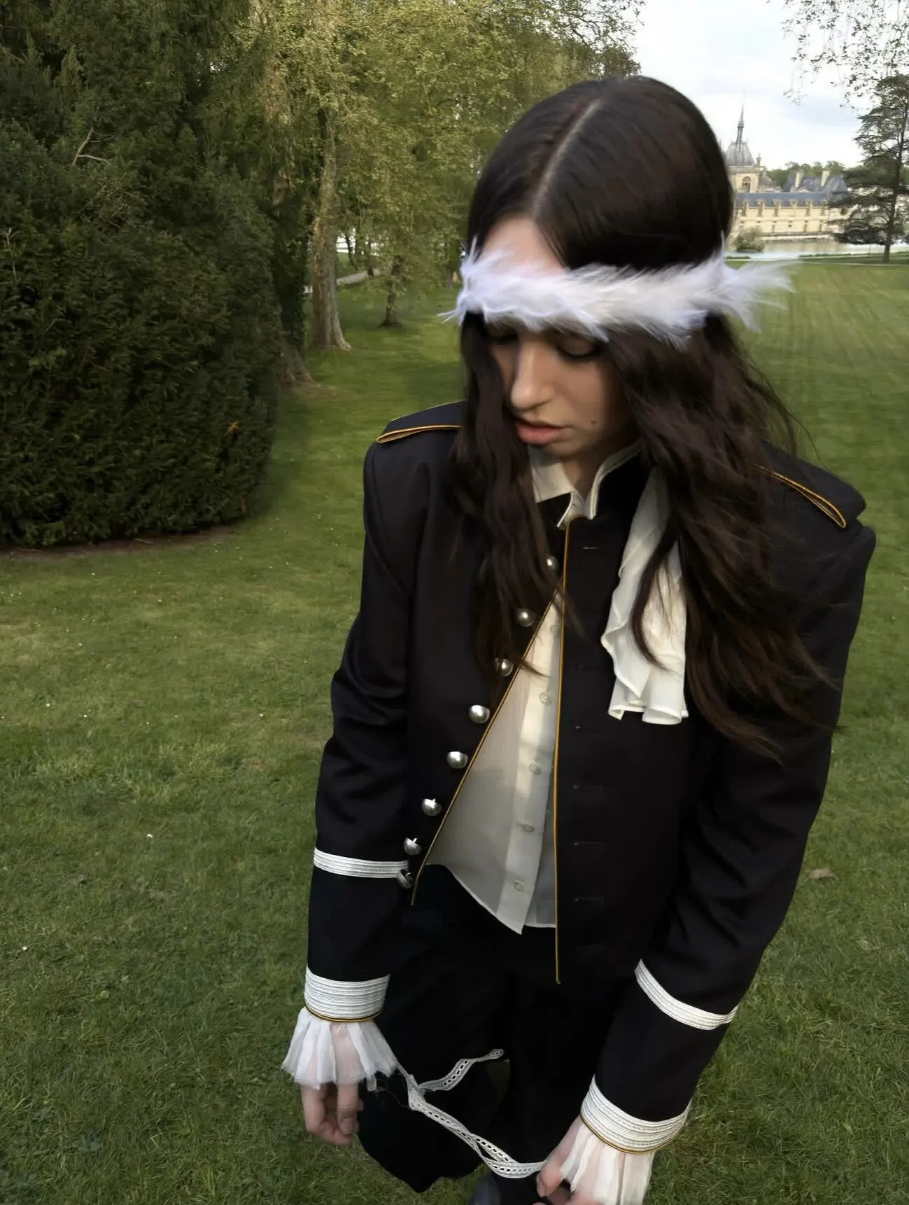 ANN Show Piece Harris Marsina Black & Gold Button Napoleon Jacket, Vintage Court Short Stand Collar Coat