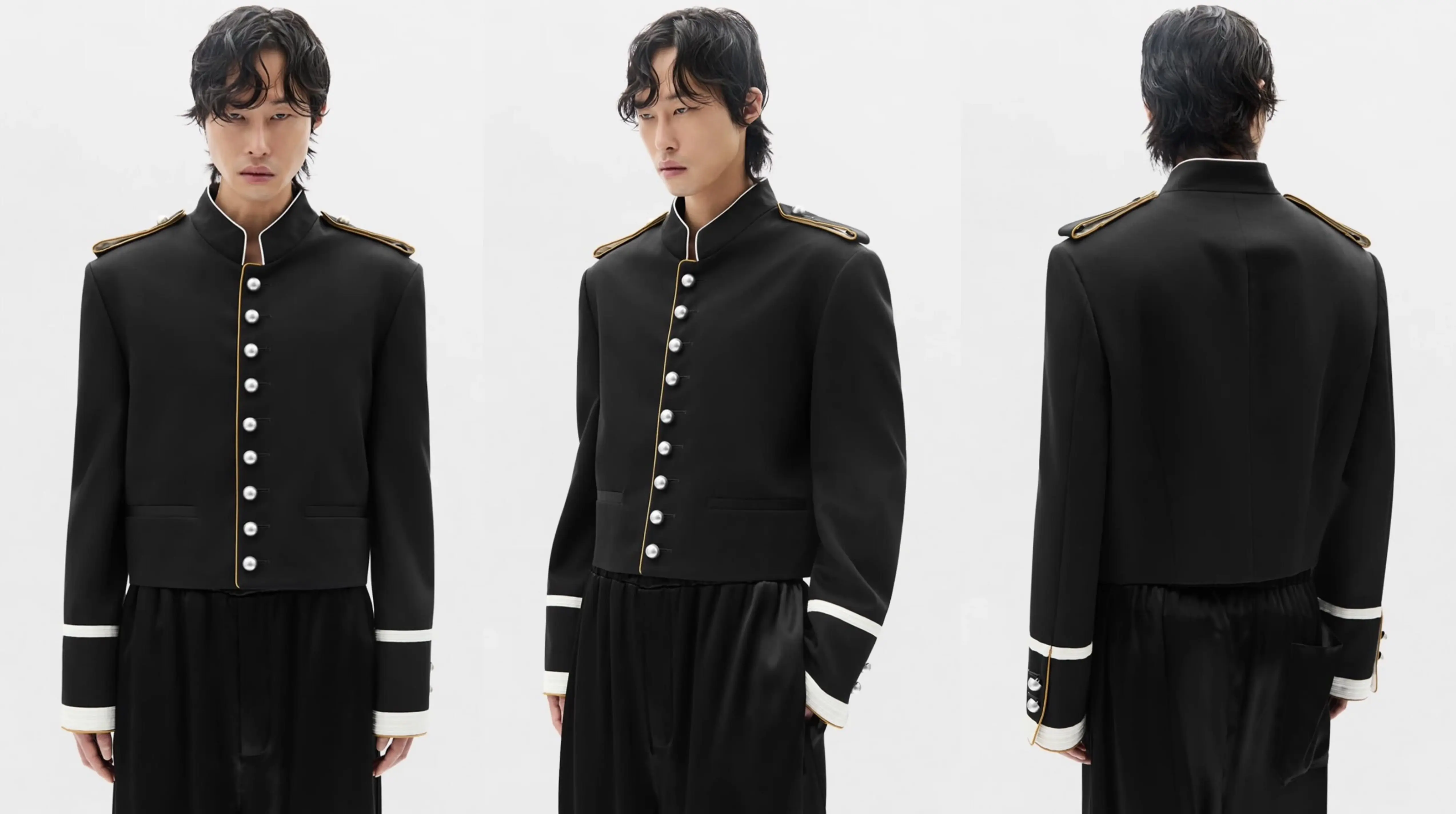 ANN Show Piece Harris Marsina Black & Gold Button Napoleon Jacket, Vintage Court Short Stand Collar Coat