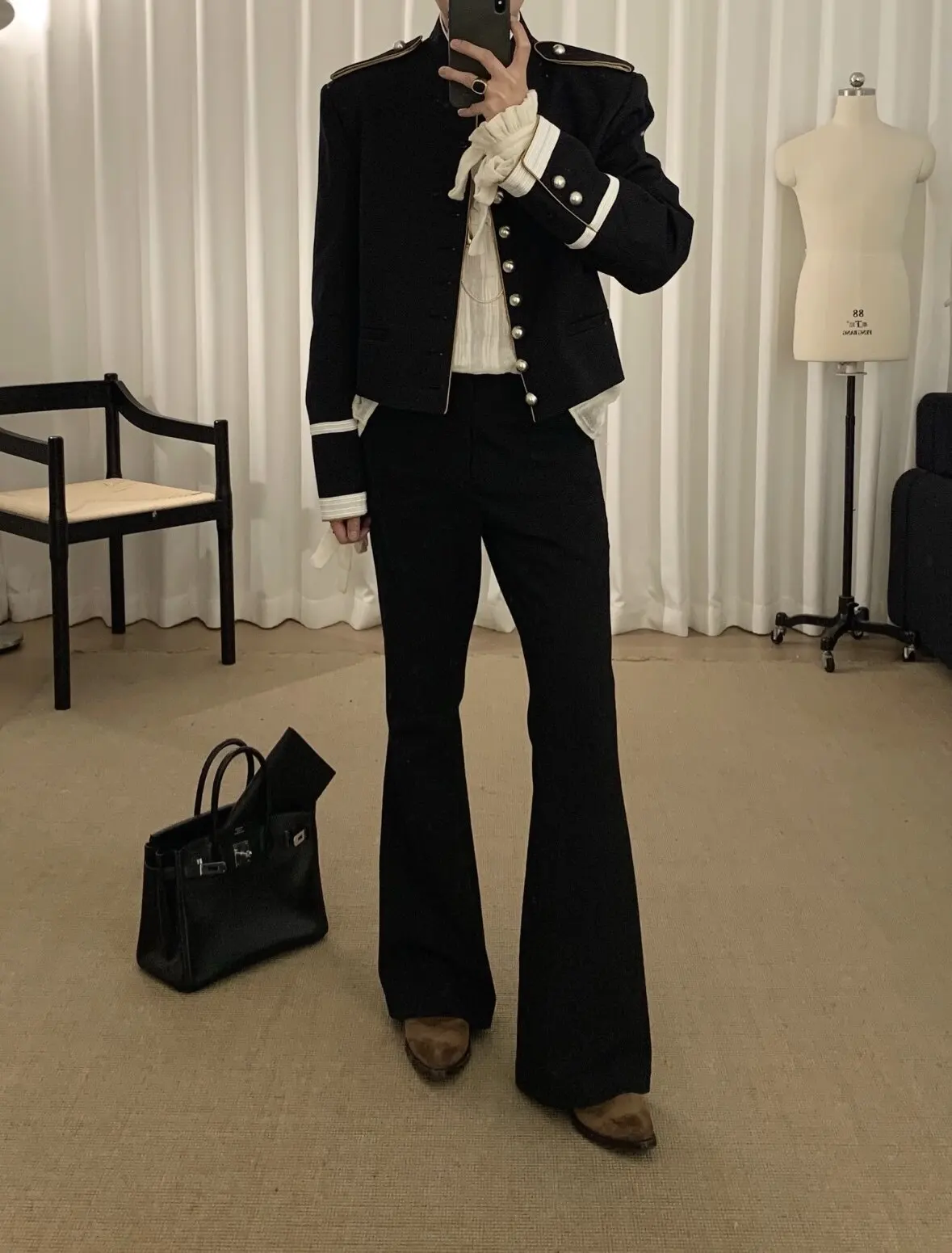 ANN Show Piece Harris Marsina Black & Gold Button Napoleon Jacket, Vintage Court Short Stand Collar Coat