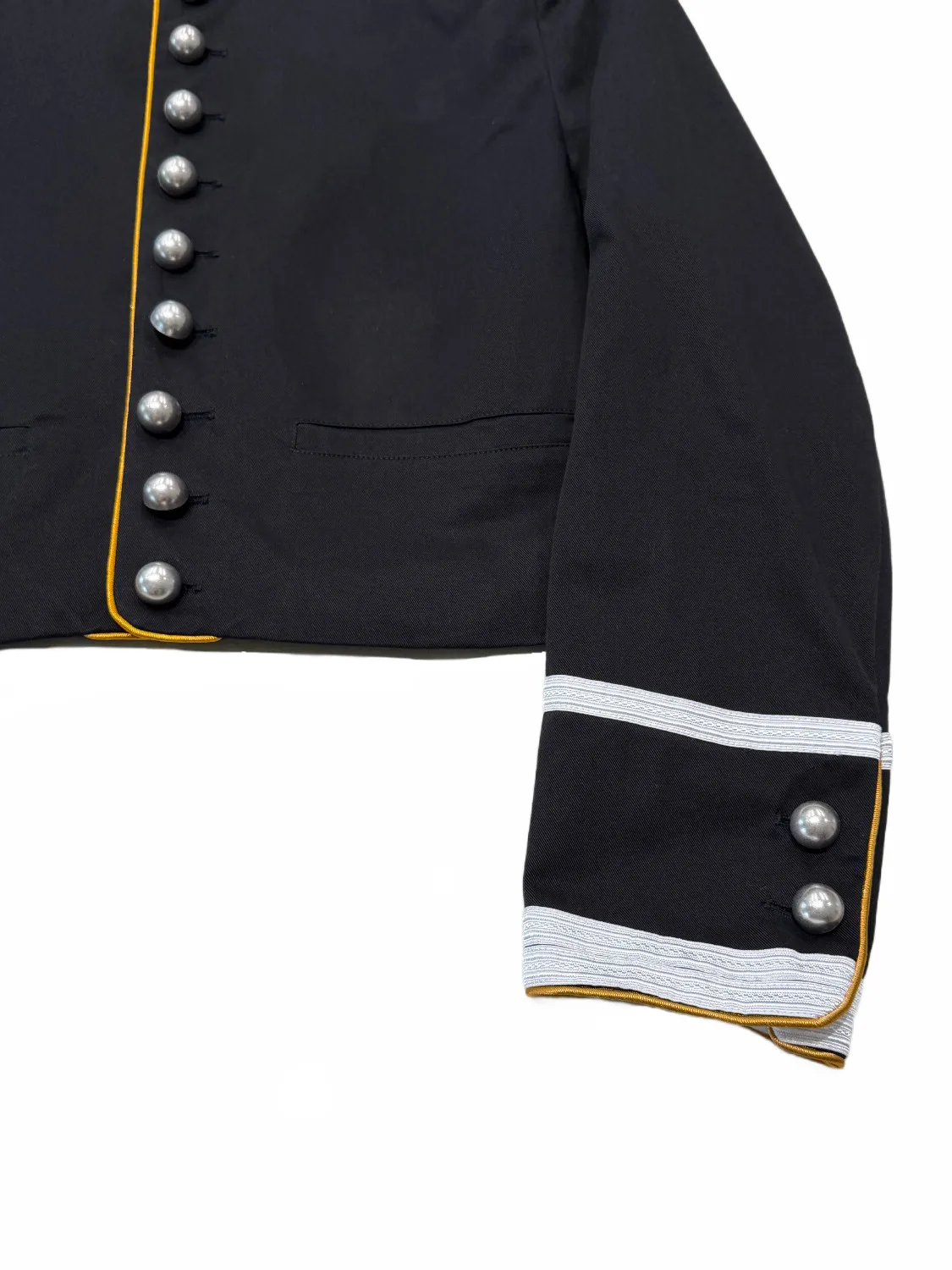 ANN Show Piece Harris Marsina Black & Gold Button Napoleon Jacket, Vintage Court Short Stand Collar Coat