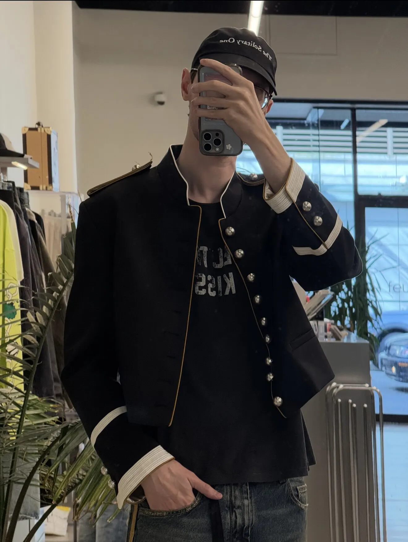 ANN Show Piece Harris Marsina Black & Gold Button Napoleon Jacket, Vintage Court Short Stand Collar Coat