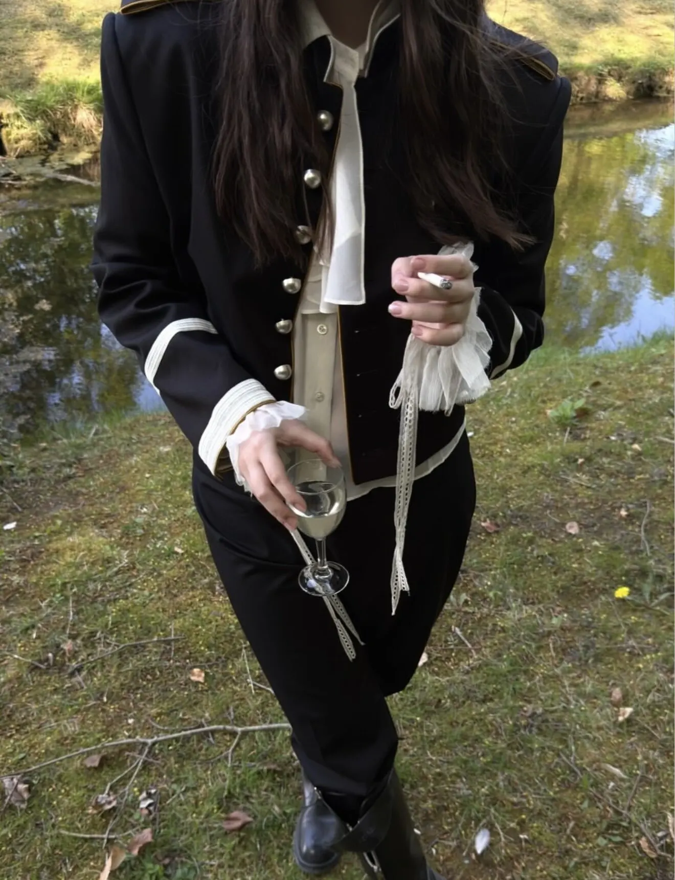ANN Show Piece Harris Marsina Black & Gold Button Napoleon Jacket, Vintage Court Short Stand Collar Coat