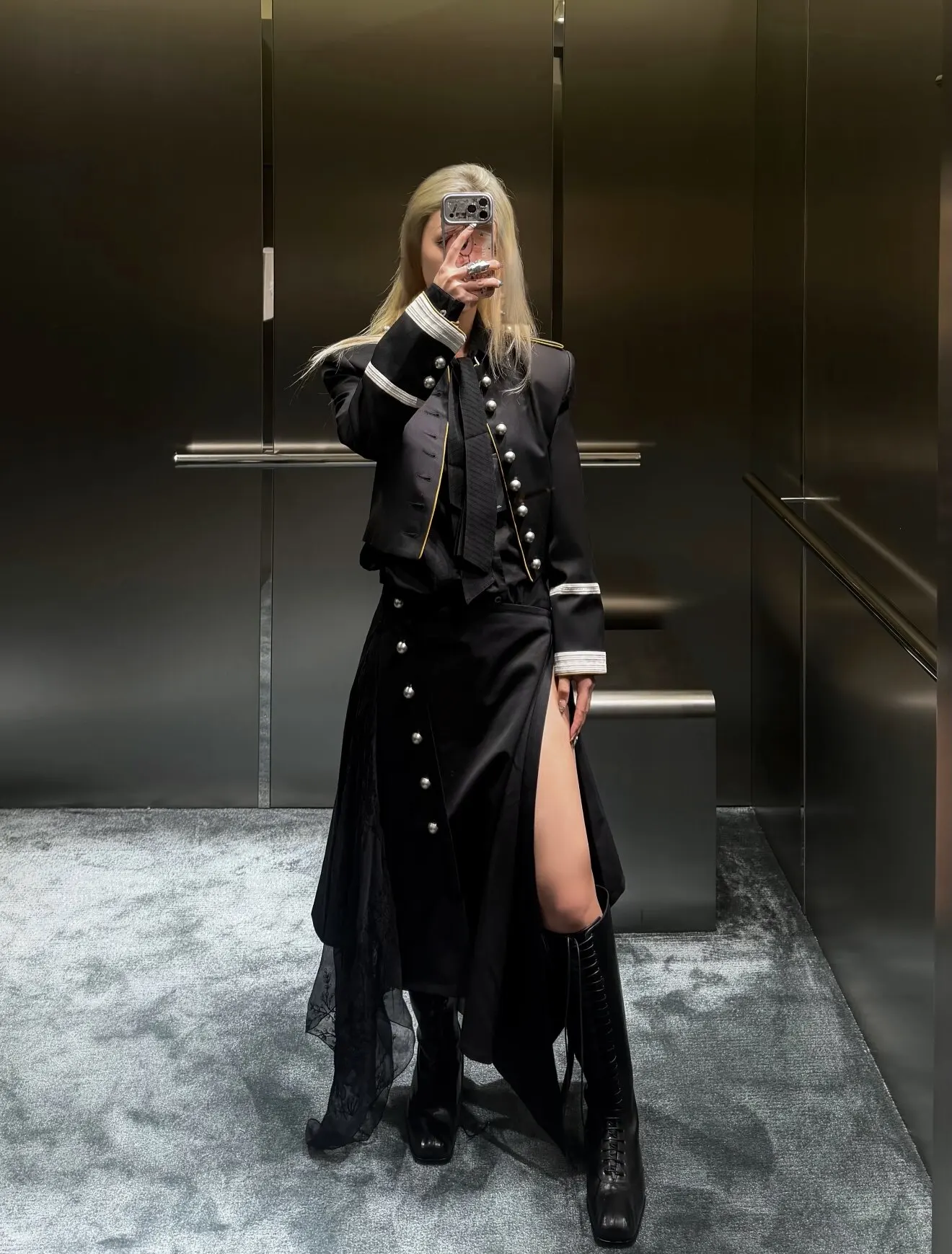 ANN Show Piece Harris Marsina Black & Gold Button Napoleon Jacket, Vintage Court Short Stand Collar Coat