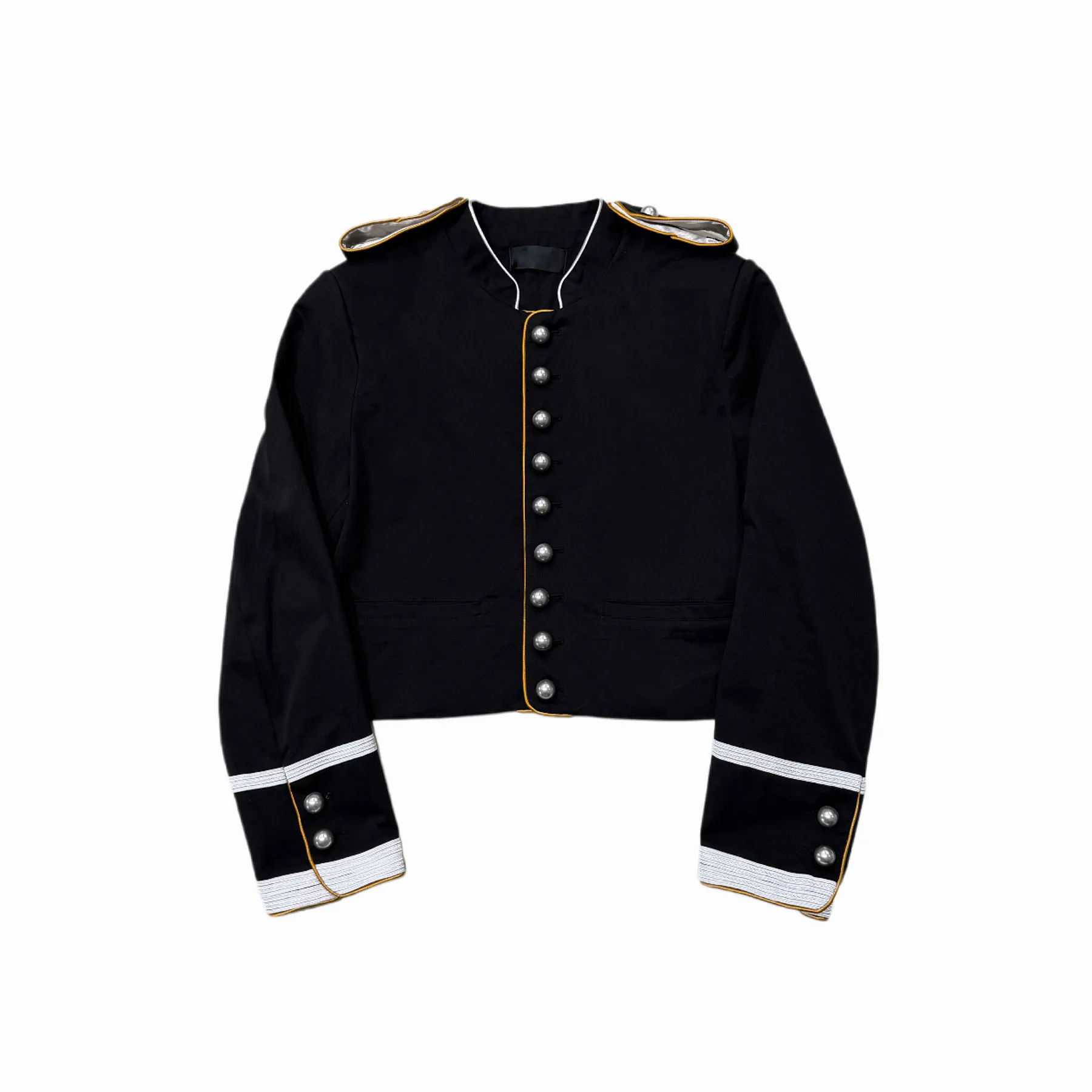 ANN Show Piece Harris Marsina Black & Gold Button Napoleon Jacket, Vintage Court Short Stand Collar Coat