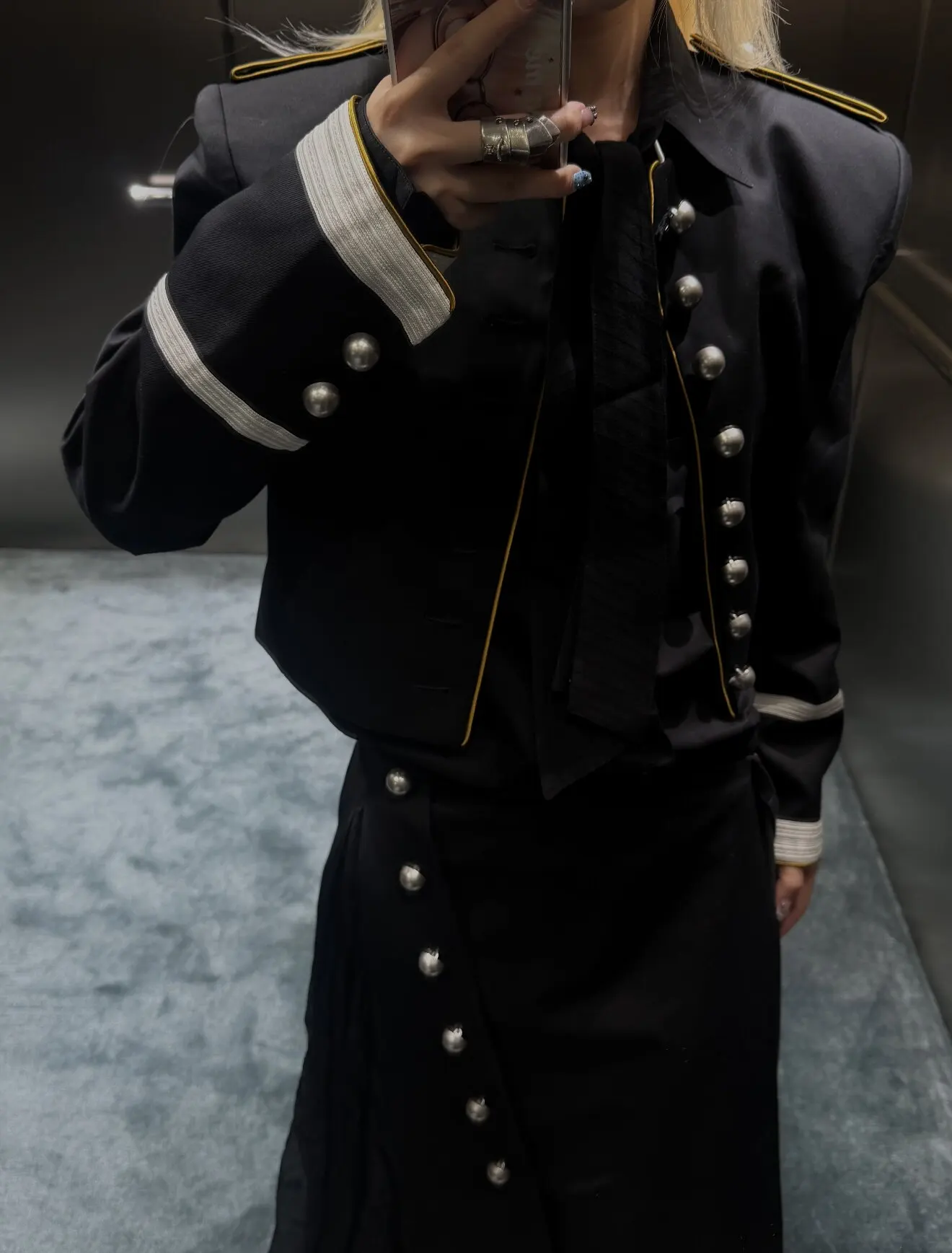 ANN Show Piece Harris Marsina Black & Gold Button Napoleon Jacket, Vintage Court Short Stand Collar Coat