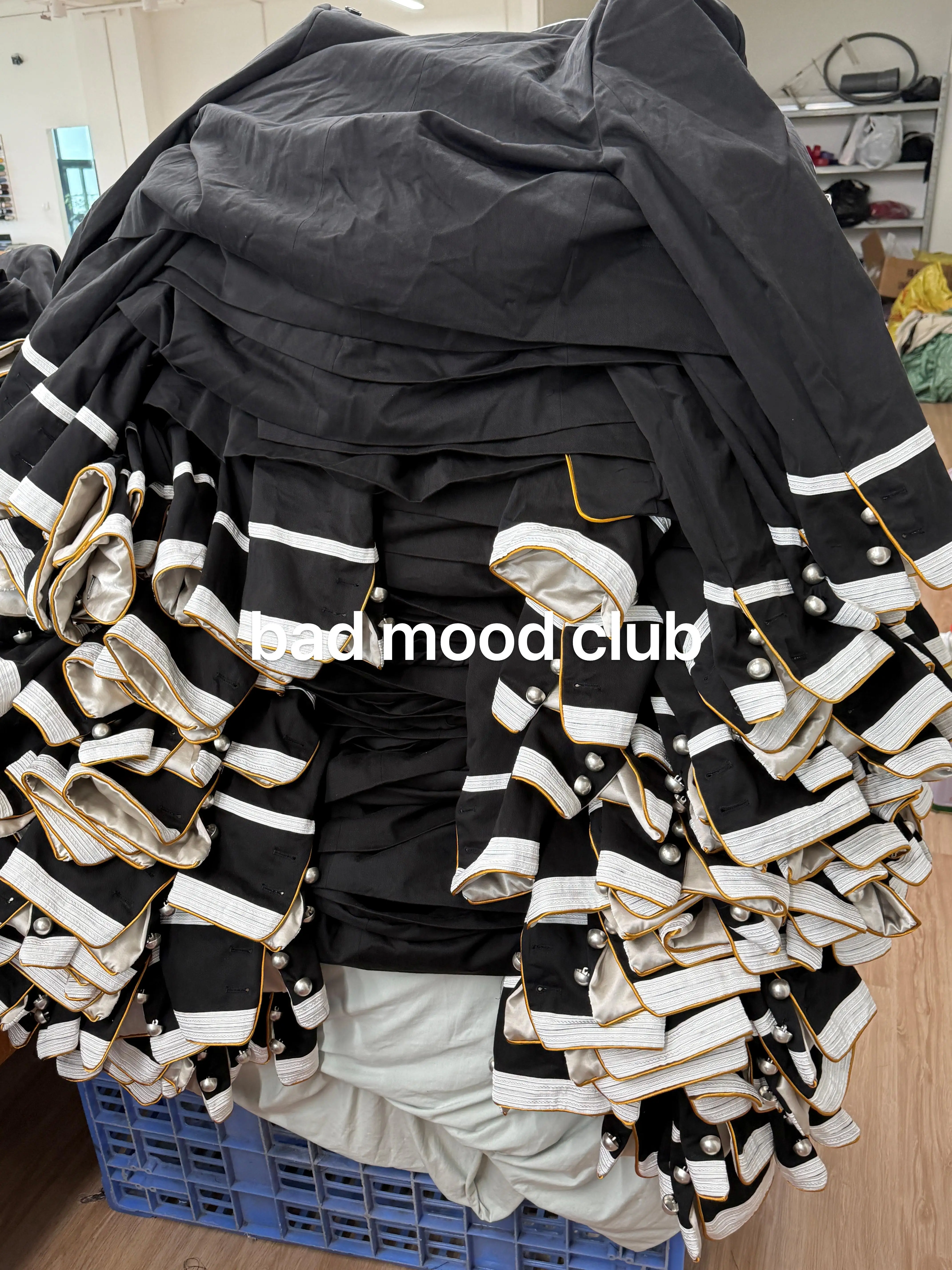ANN Show Piece Harris Marsina Black & Gold Button Napoleon Jacket, Vintage Court Short Stand Collar Coat