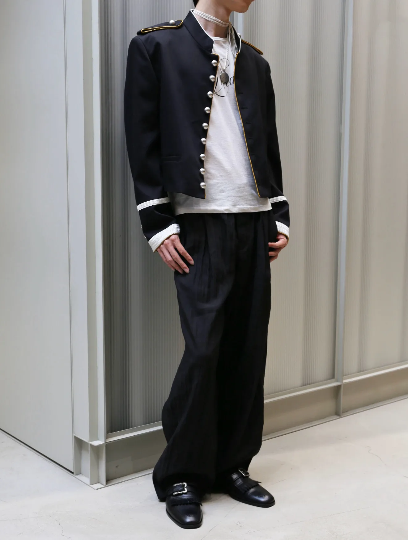 ANN Show Piece Harris Marsina Black & Gold Button Napoleon Jacket, Vintage Court Short Stand Collar Coat