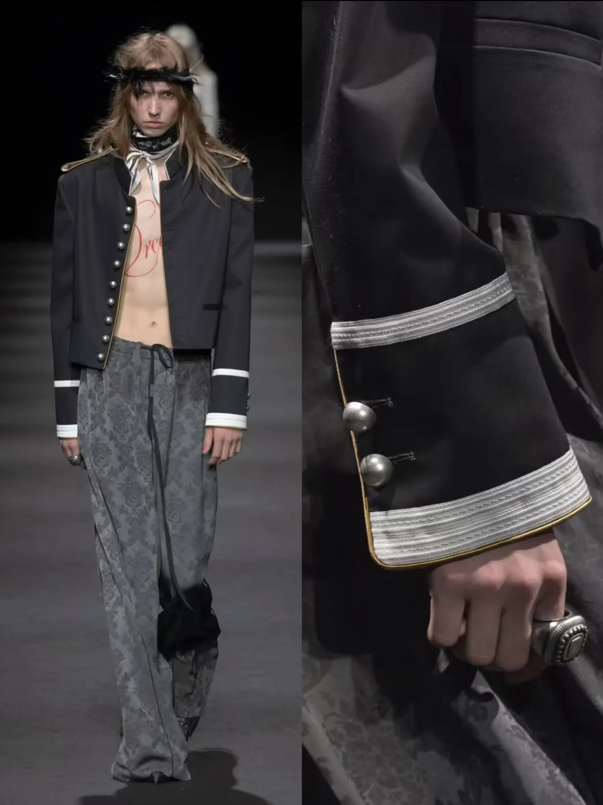 ANN Show Piece Harris Marsina Black & Gold Button Napoleon Jacket, Vintage Court Short Stand Collar Coat