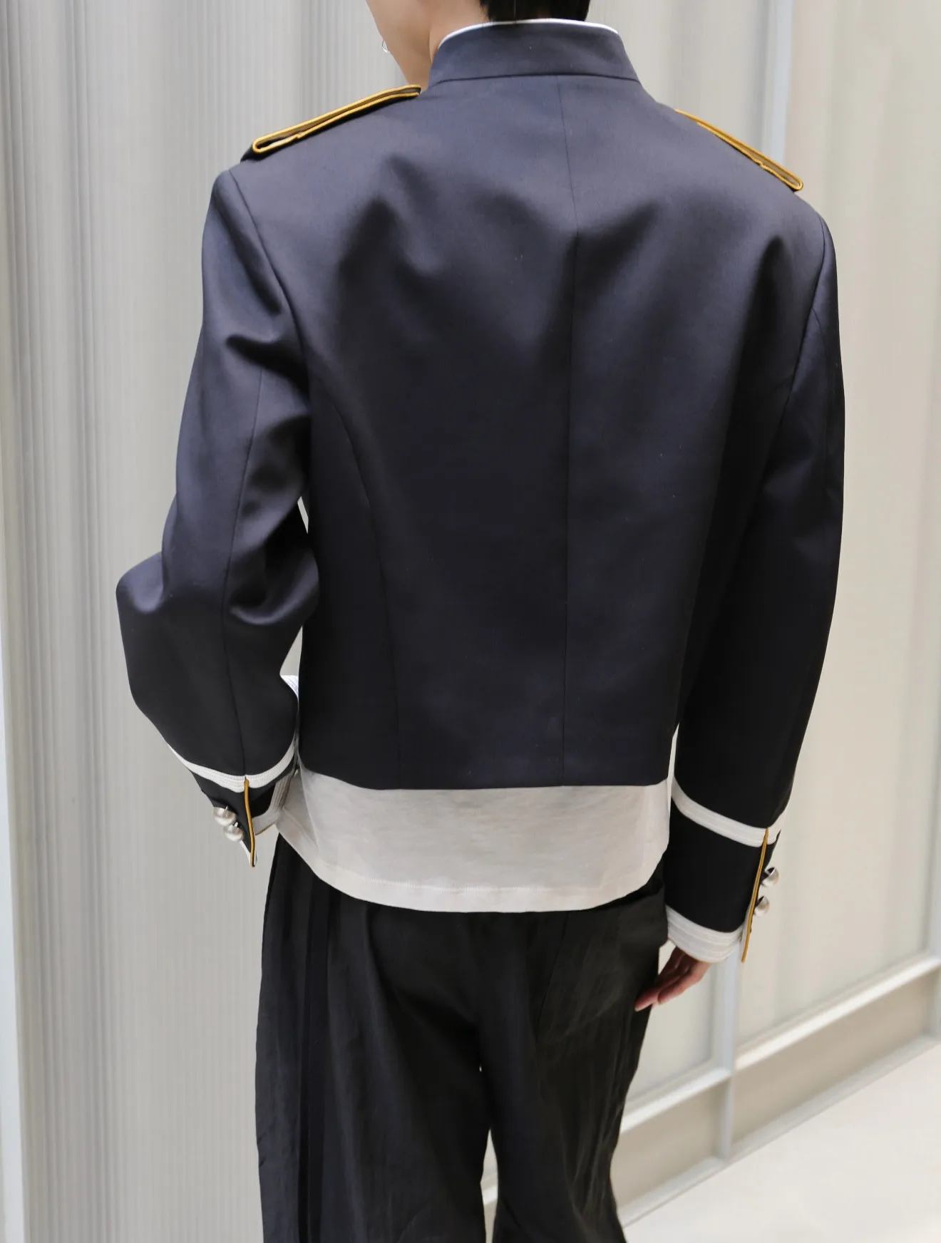 ANN Show Piece Harris Marsina Black & Gold Button Napoleon Jacket, Vintage Court Short Stand Collar Coat
