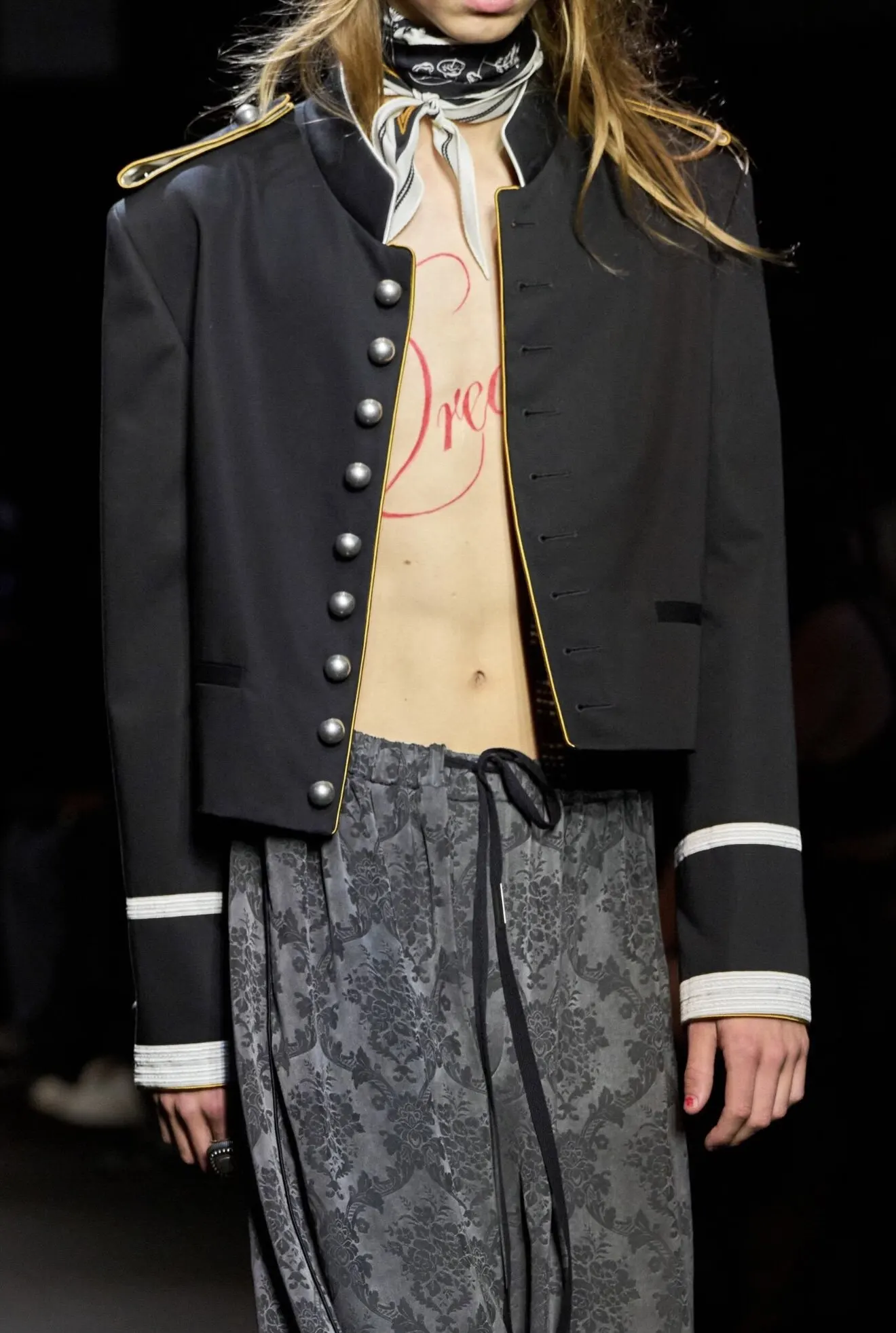 ANN Show Piece Harris Marsina Black & Gold Button Napoleon Jacket, Vintage Court Short Stand Collar Coat