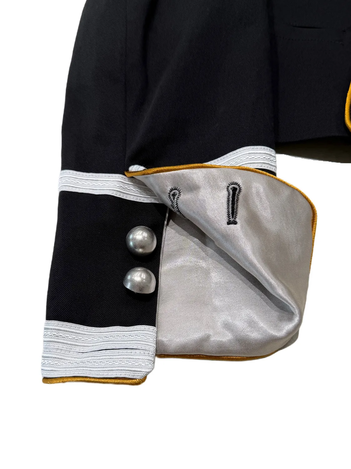 ANN Show Piece Harris Marsina Black & Gold Button Napoleon Jacket, Vintage Court Short Stand Collar Coat