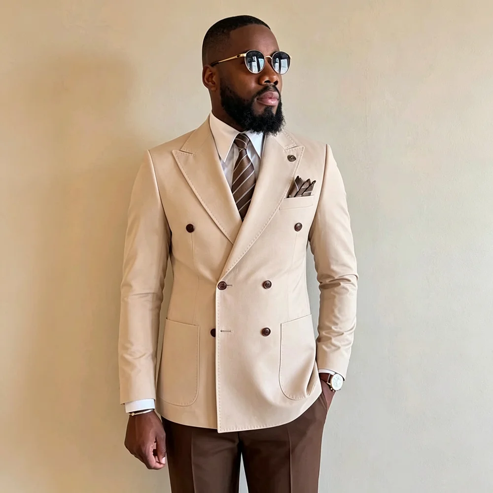 Elegant Mens Suits Slim Fit 2 Pieces Set Double Breasted Formal Blazer Pant Wedding Groom Tuxedos Party Prom Terno Masculino