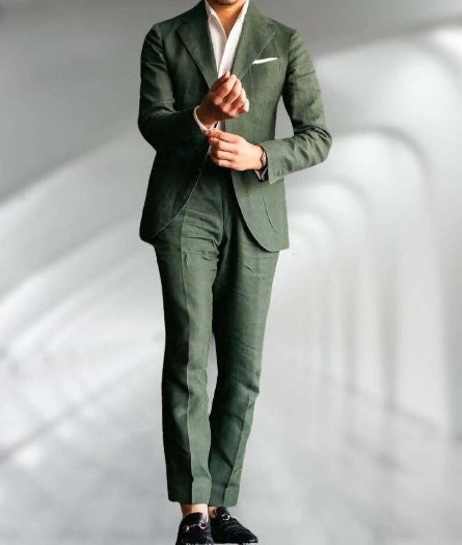 Green Linen Male Suits Wedding Tuxedo Business Fashion Blazer Sets Custom Made Two Pieces (Jacket+Pants) Conjuntos De Chaqueta