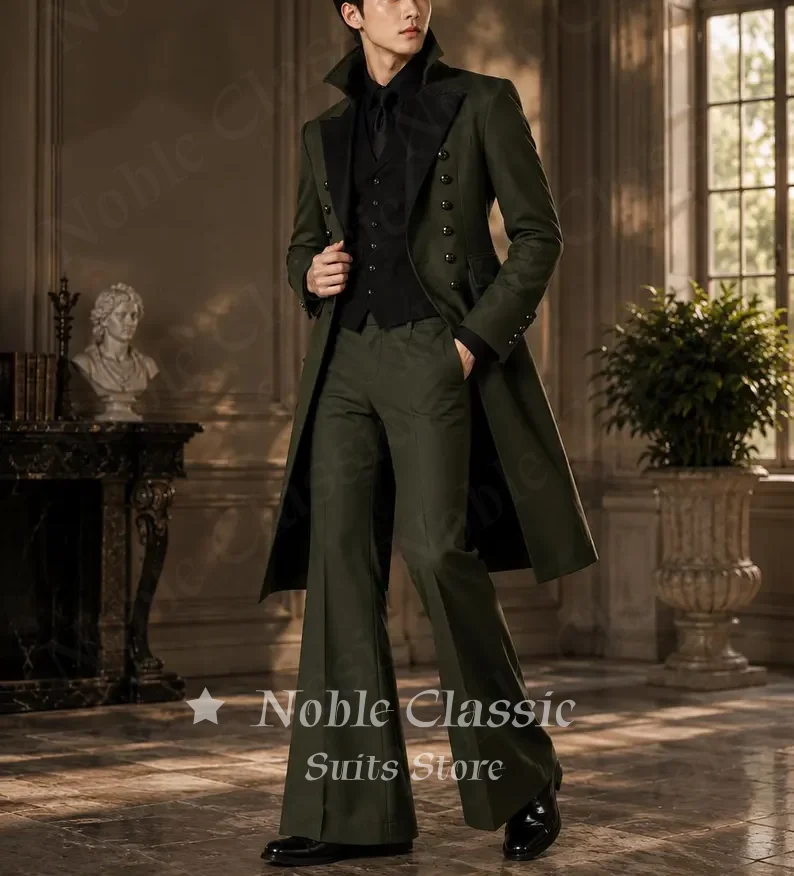 Men Olive Green 3 Pieces Gothic Tailcoat Suit Black Lapel Steampunk Tuxedo Flared Pants Waistcoat Victorian Wedding Customized