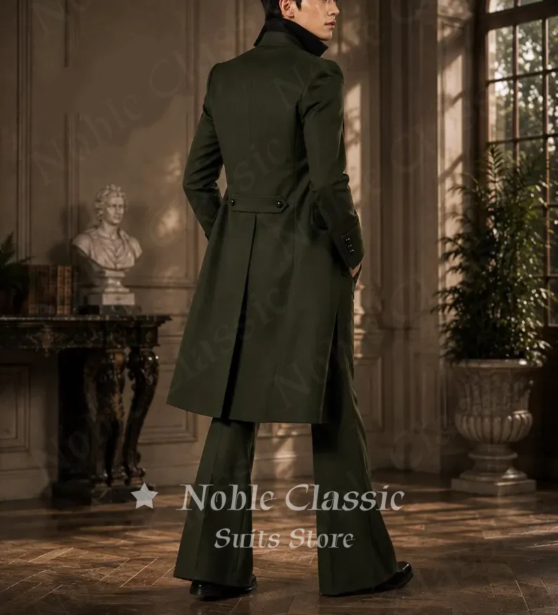 Men Olive Green 3 Pieces Gothic Tailcoat Suit Black Lapel Steampunk Tuxedo Flared Pants Waistcoat Victorian Wedding Customized