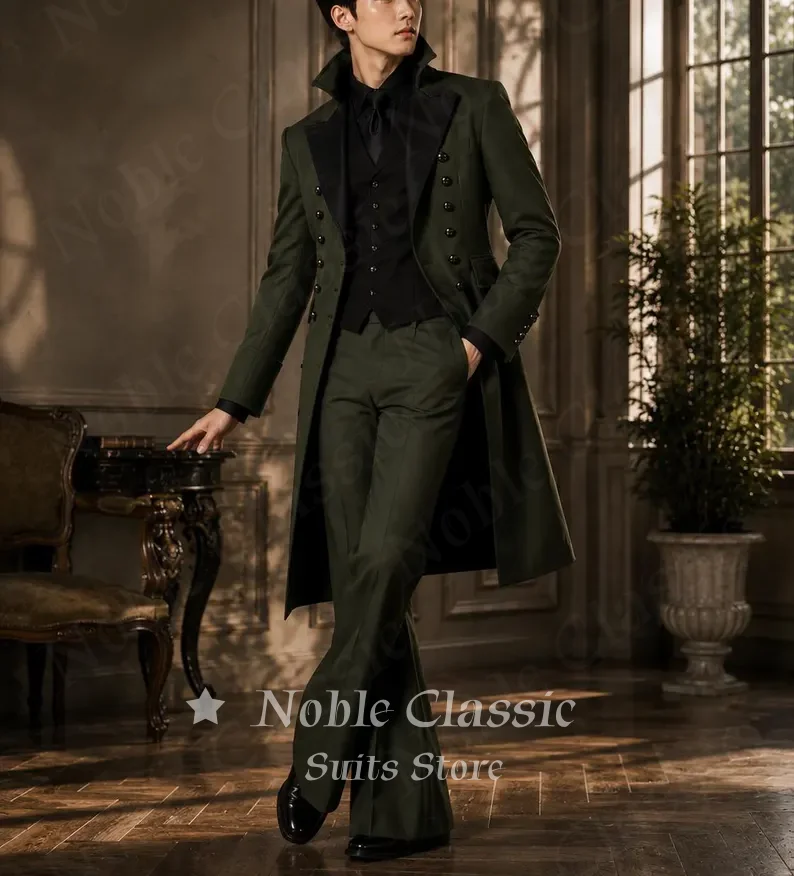Men Olive Green 3 Pieces Gothic Tailcoat Suit Black Lapel Steampunk Tuxedo Flared Pants Waistcoat Victorian Wedding Customized