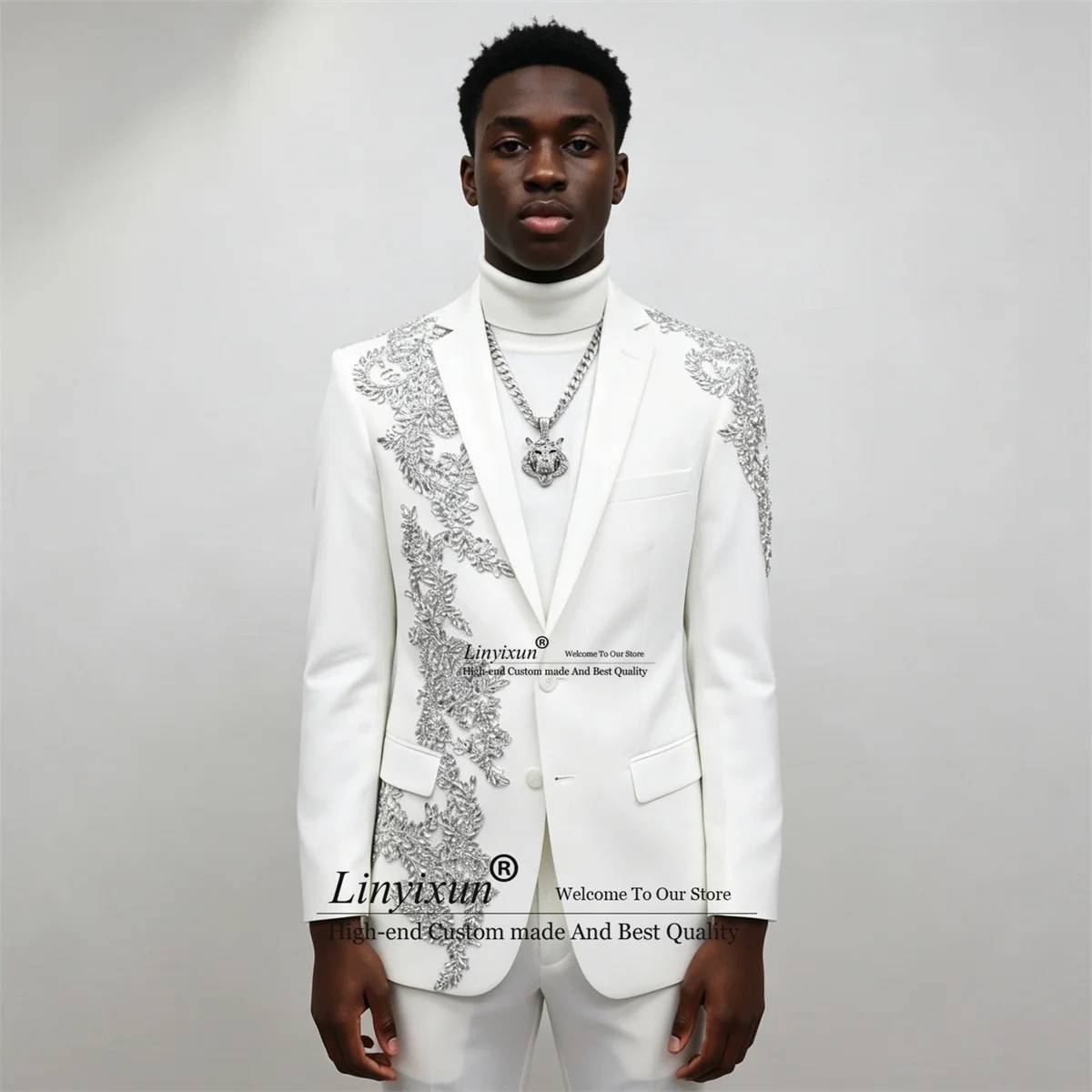 High End Crystal Jewelry Men Suits Notch Lapel Applique Groom Male Blazers 2 Pieces Sets Customized Wedding Tuxedos ropa hombre