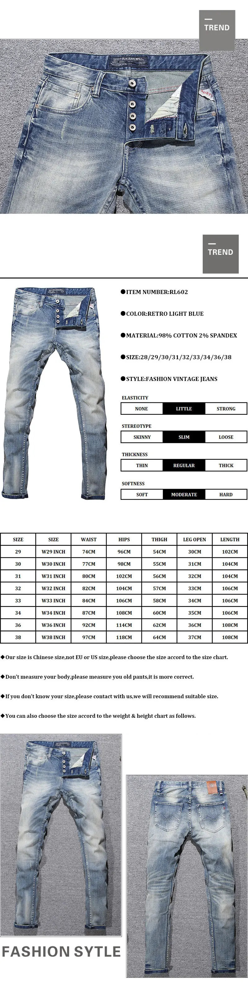 Italian Style Fashion Men Jeans Retro Light Blue Elastic Slim Fit Ripped Jeans Men Buttons Trousers Vintage Designer Denim Pants
