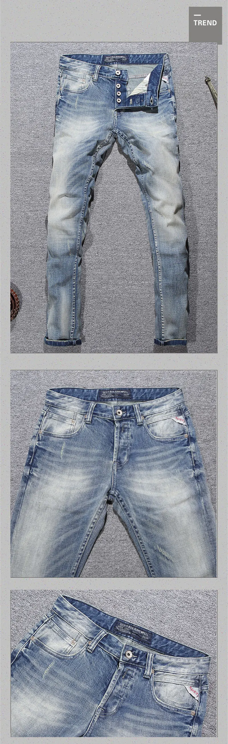 Italian Style Fashion Men Jeans Retro Light Blue Elastic Slim Fit Ripped Jeans Men Buttons Trousers Vintage Designer Denim Pants