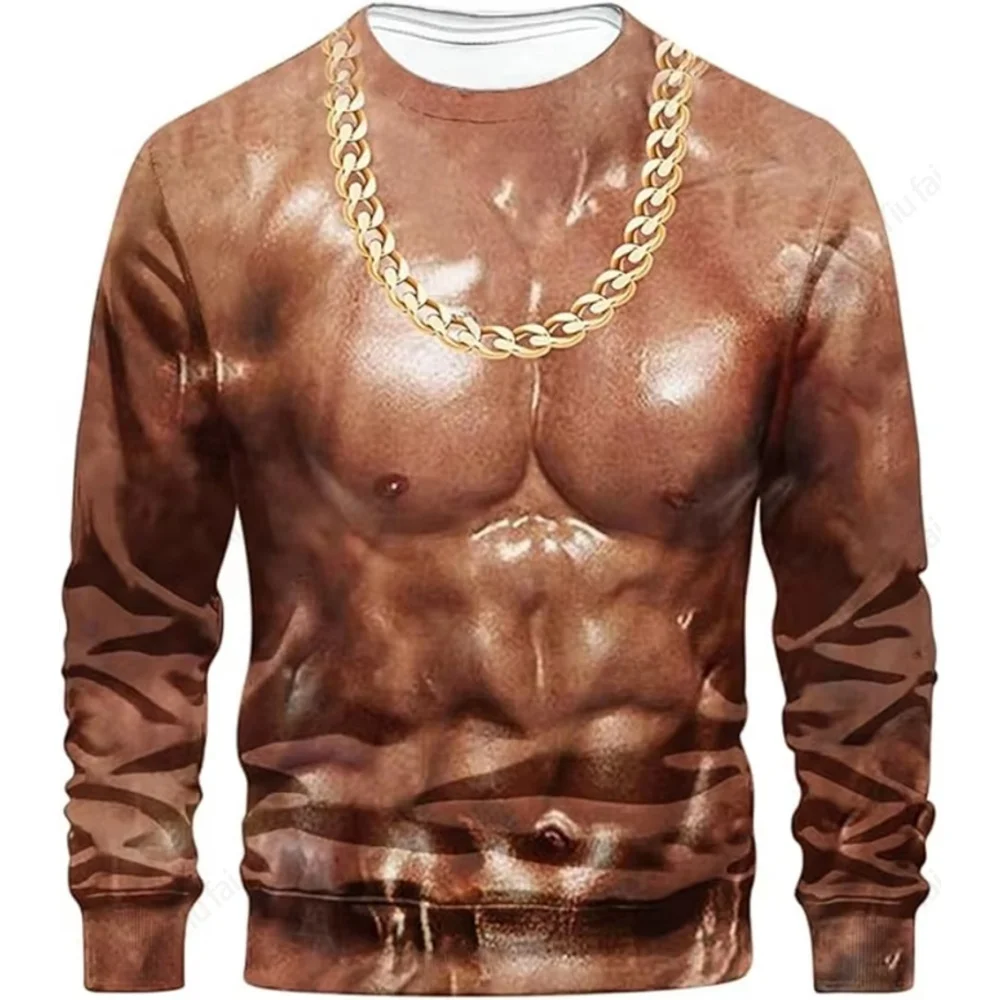 Funny Fake Musclet-Shirt 3D Funny Muscle Body Printed T-Shirts Slim Oversized T Shirt Men Tops Ugly Chest Hair Tops Long Sleeve
