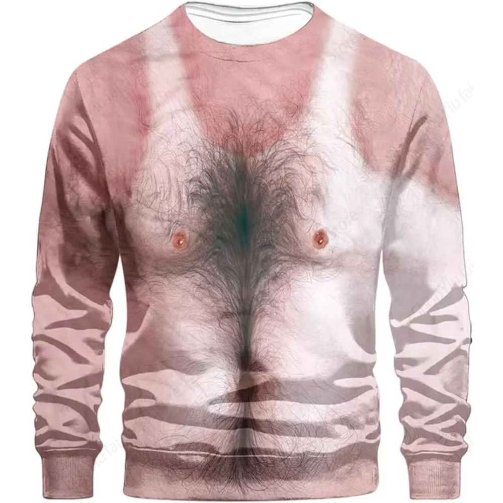 Funny Fake Musclet-Shirt 3D Funny Muscle Body Printed T-Shirts Slim Oversized T Shirt Men Tops Ugly Chest Hair Tops Long Sleeve