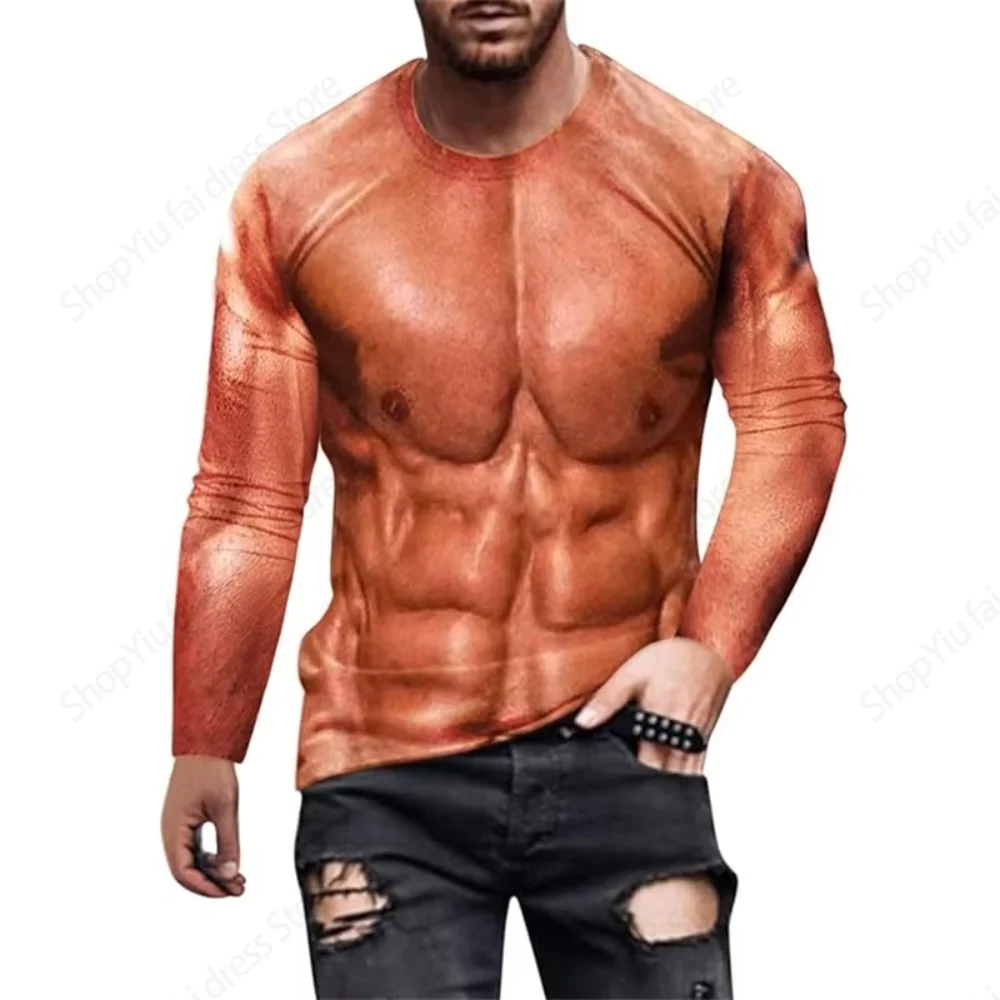 Funny Fake Musclet-Shirt 3D Funny Muscle Body Printed T-Shirts Slim Oversized T Shirt Men Tops Ugly Chest Hair Tops Long Sleeve