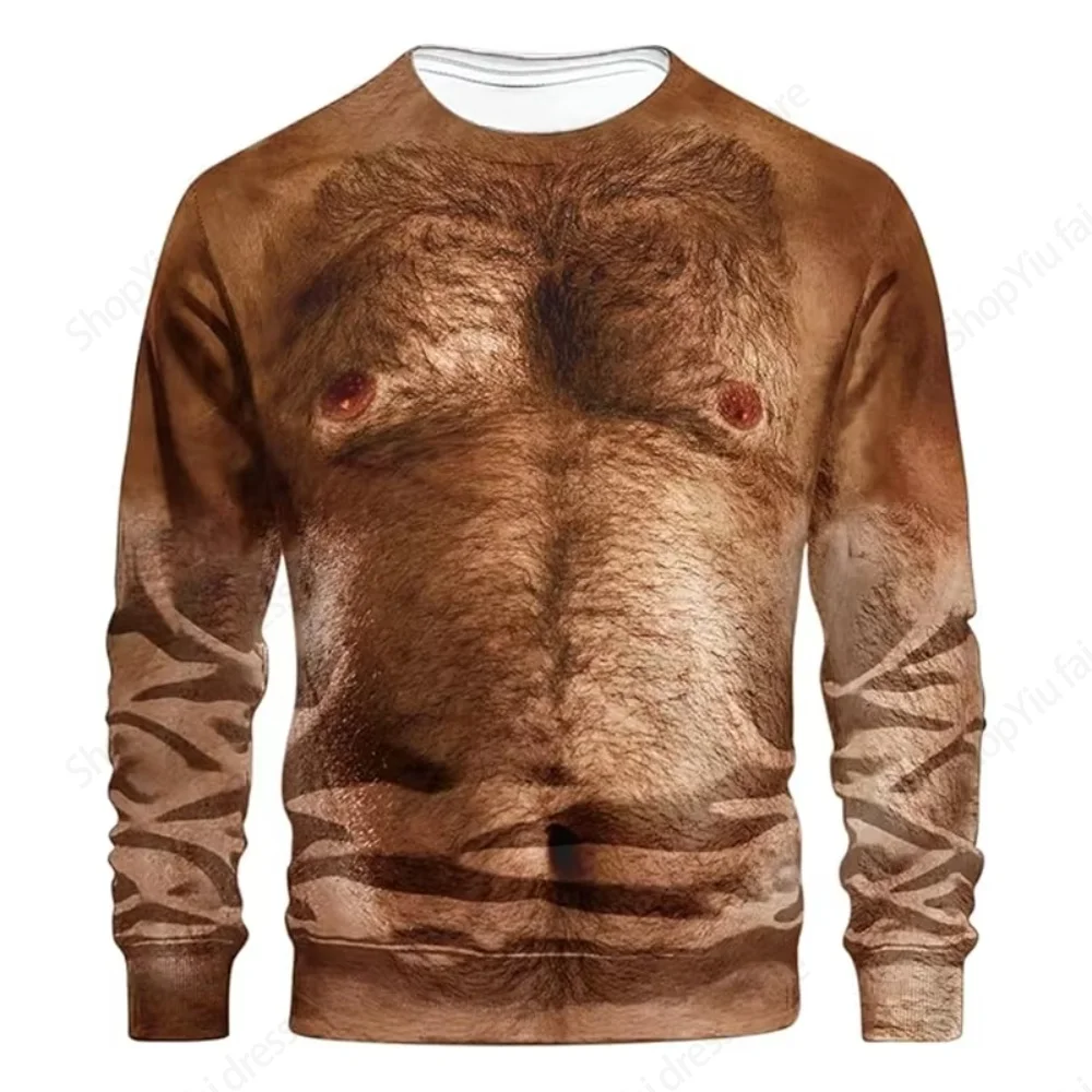 Funny Fake Musclet-Shirt 3D Funny Muscle Body Printed T-Shirts Slim Oversized T Shirt Men Tops Ugly Chest Hair Tops Long Sleeve