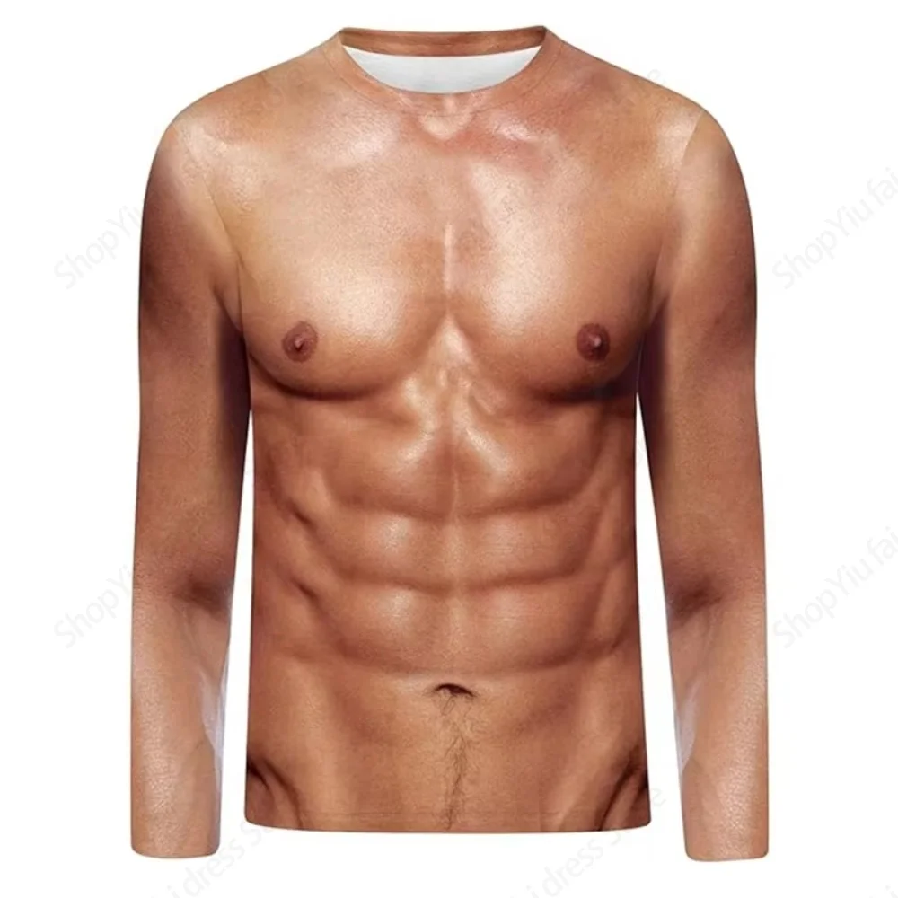 Funny Fake Musclet-Shirt 3D Funny Muscle Body Printed T-Shirts Slim Oversized T Shirt Men Tops Ugly Chest Hair Tops Long Sleeve