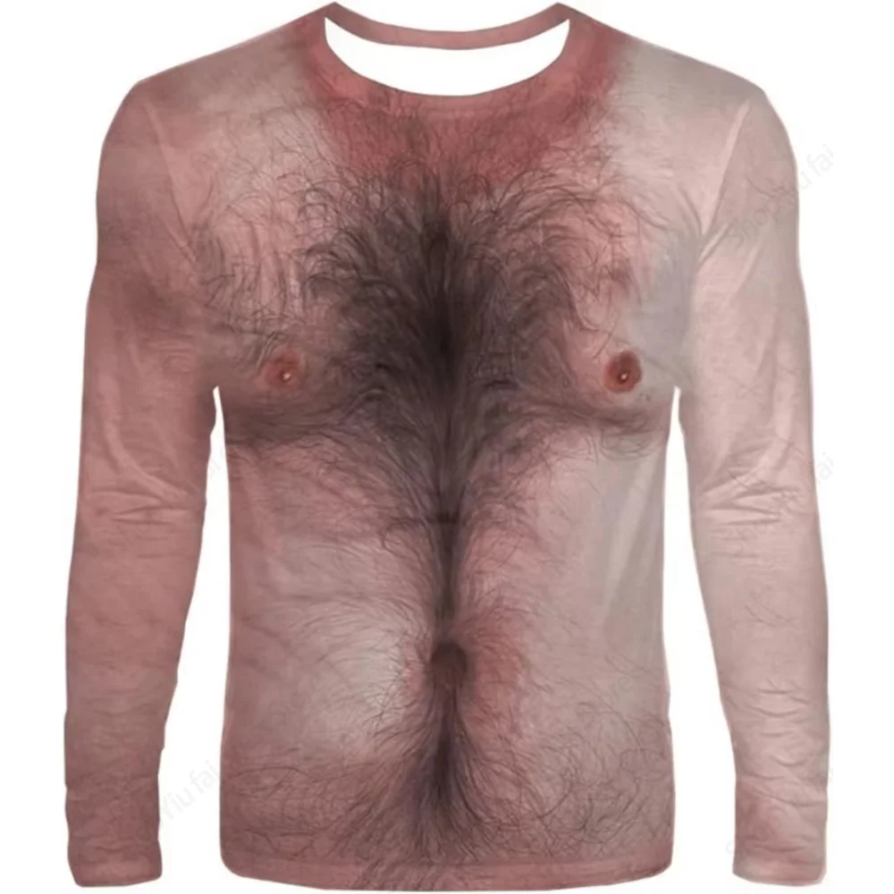 Funny Fake Musclet-Shirt 3D Funny Muscle Body Printed T-Shirts Slim Oversized T Shirt Men Tops Ugly Chest Hair Tops Long Sleeve