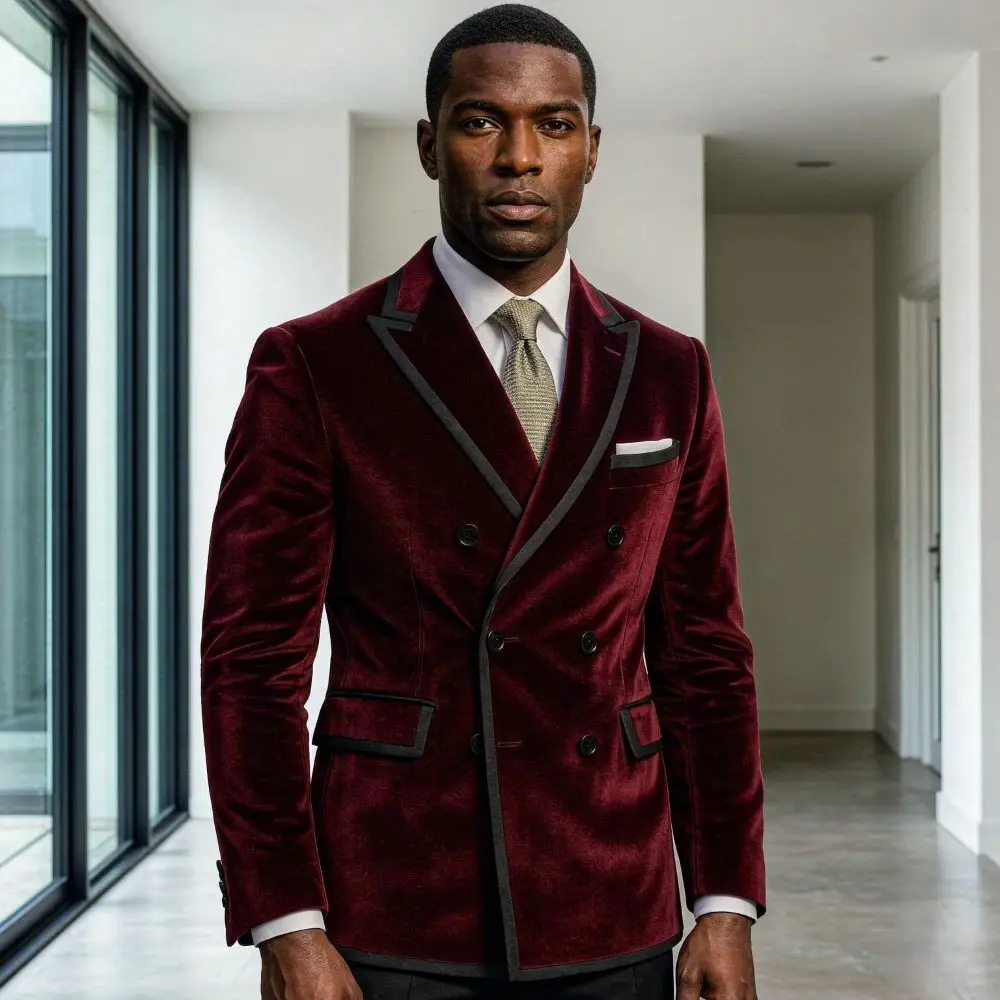 Velvet Double Breasted Groomsmen Suit for Men with Black Piping Lapel Slim Fit 2 Pieces Prom Wedding Tuxedo Formal Wear Style
