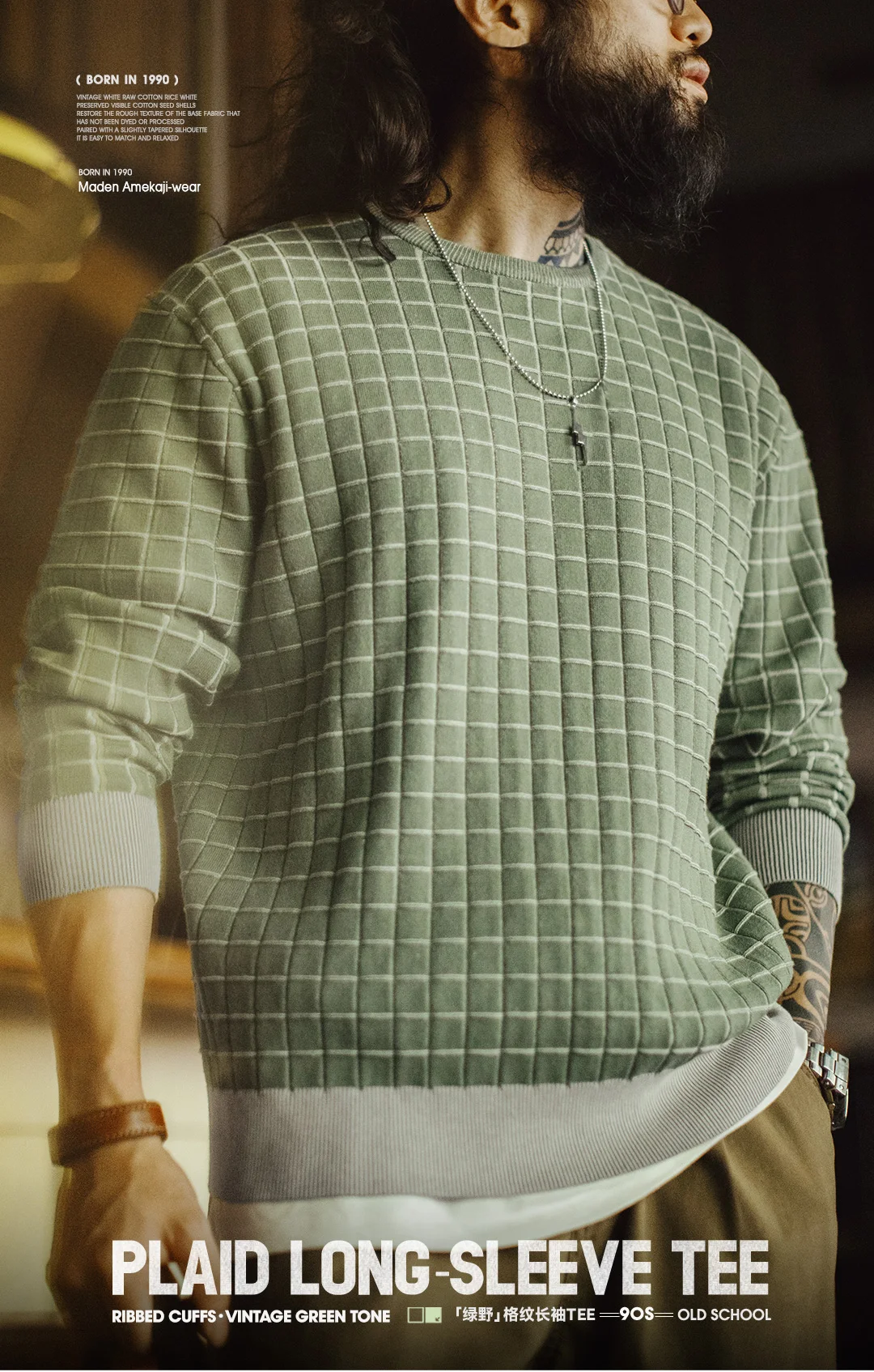Maden Men's Retro Plaid Crewneck Sweatshirt Green Pullover Casual Spring Outerwear Long Sleeve Winter Layering T-shirt Top