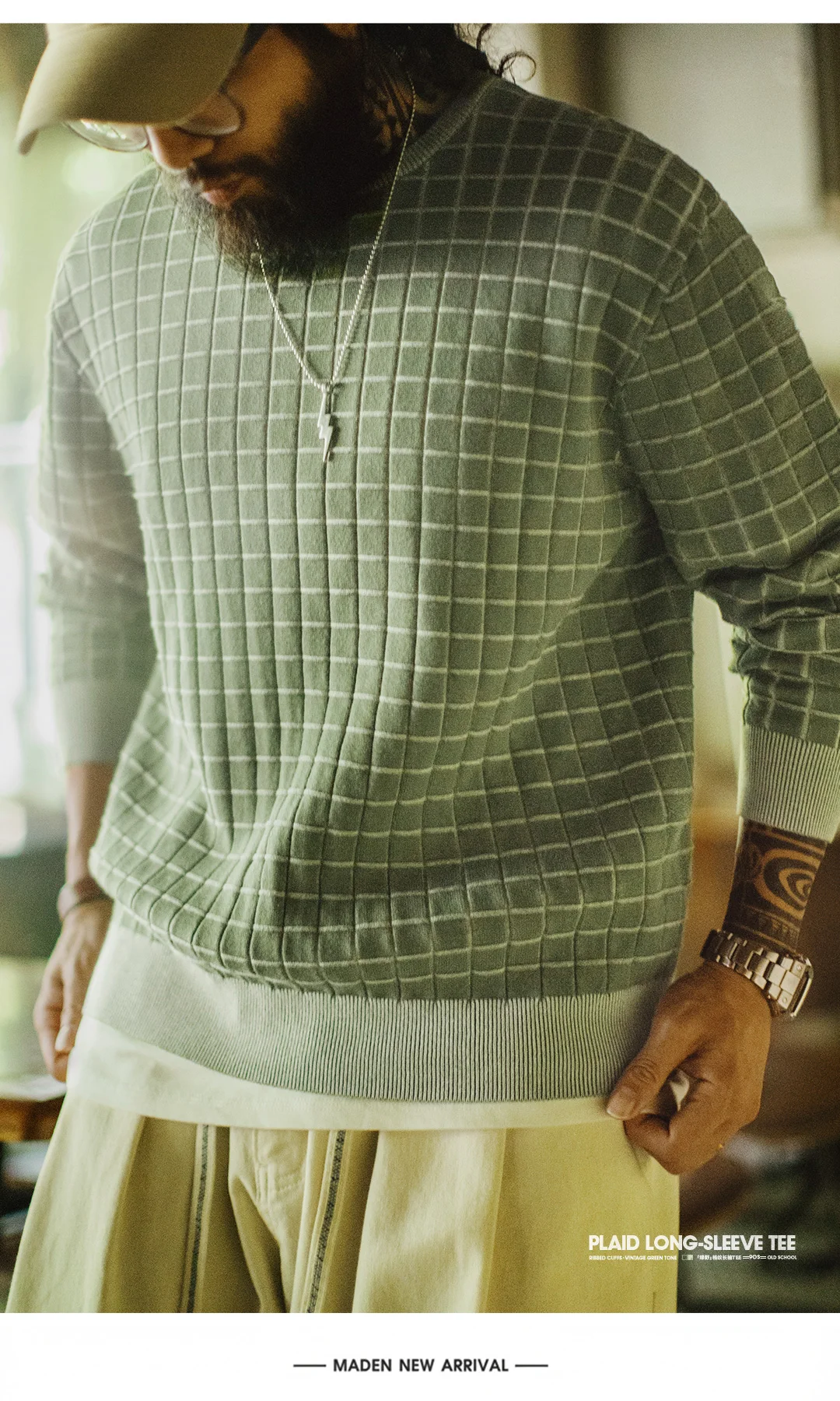Maden Men's Retro Plaid Crewneck Sweatshirt Green Pullover Casual Spring Outerwear Long Sleeve Winter Layering T-shirt Top
