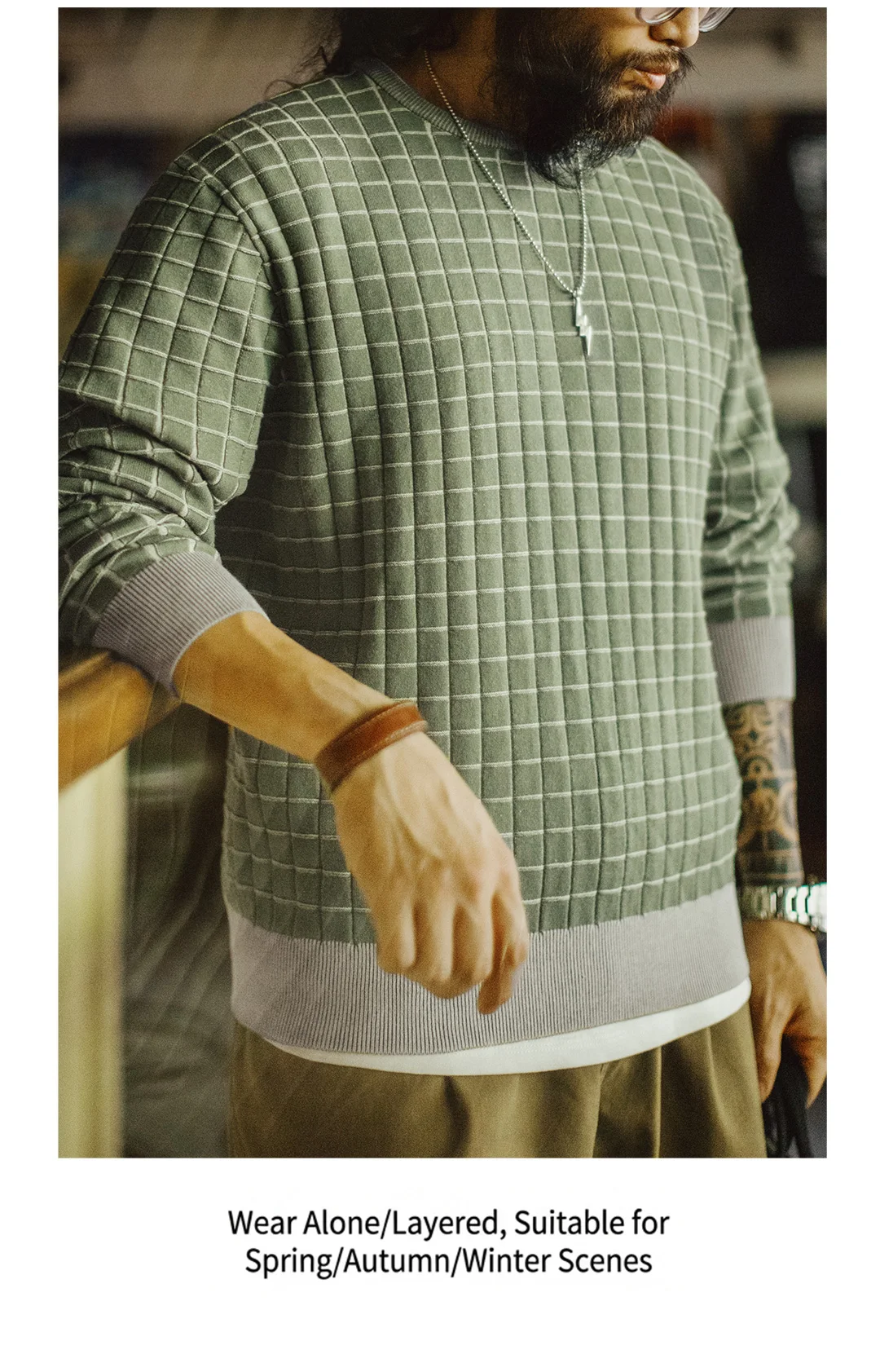 Maden Men's Retro Plaid Crewneck Sweatshirt Green Pullover Casual Spring Outerwear Long Sleeve Winter Layering T-shirt Top