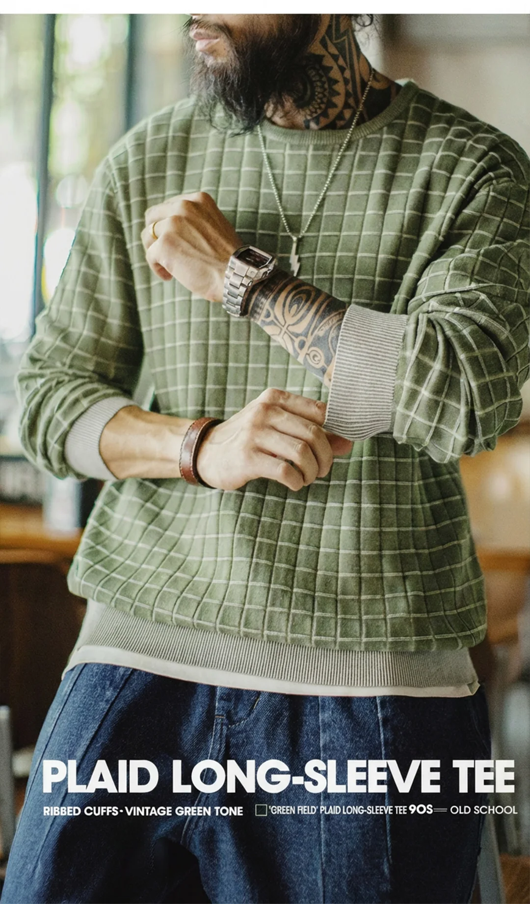 Maden Men's Retro Plaid Crewneck Sweatshirt Green Pullover Casual Spring Outerwear Long Sleeve Winter Layering T-shirt Top