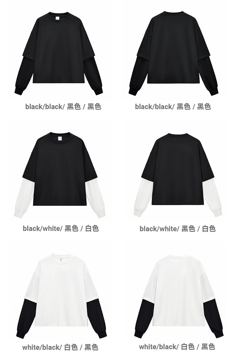 ZODF Fashion Fake 2 Pieces Long Sleeve T Shirt For Man Unisex Loose Fit 280gsm 100% Cotton O Neck T-Shirt Brand Tops HY0062