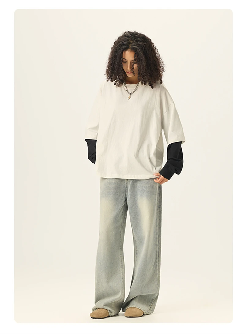ZODF Fashion Fake 2 Pieces Long Sleeve T Shirt For Man Unisex Loose Fit 280gsm 100% Cotton O Neck T-Shirt Brand Tops HY0062