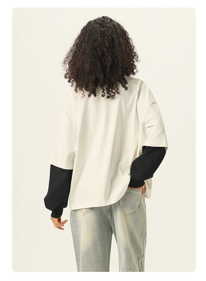 ZODF Fashion Fake 2 Pieces Long Sleeve T Shirt For Man Unisex Loose Fit 280gsm 100% Cotton O Neck T-Shirt Brand Tops HY0062
