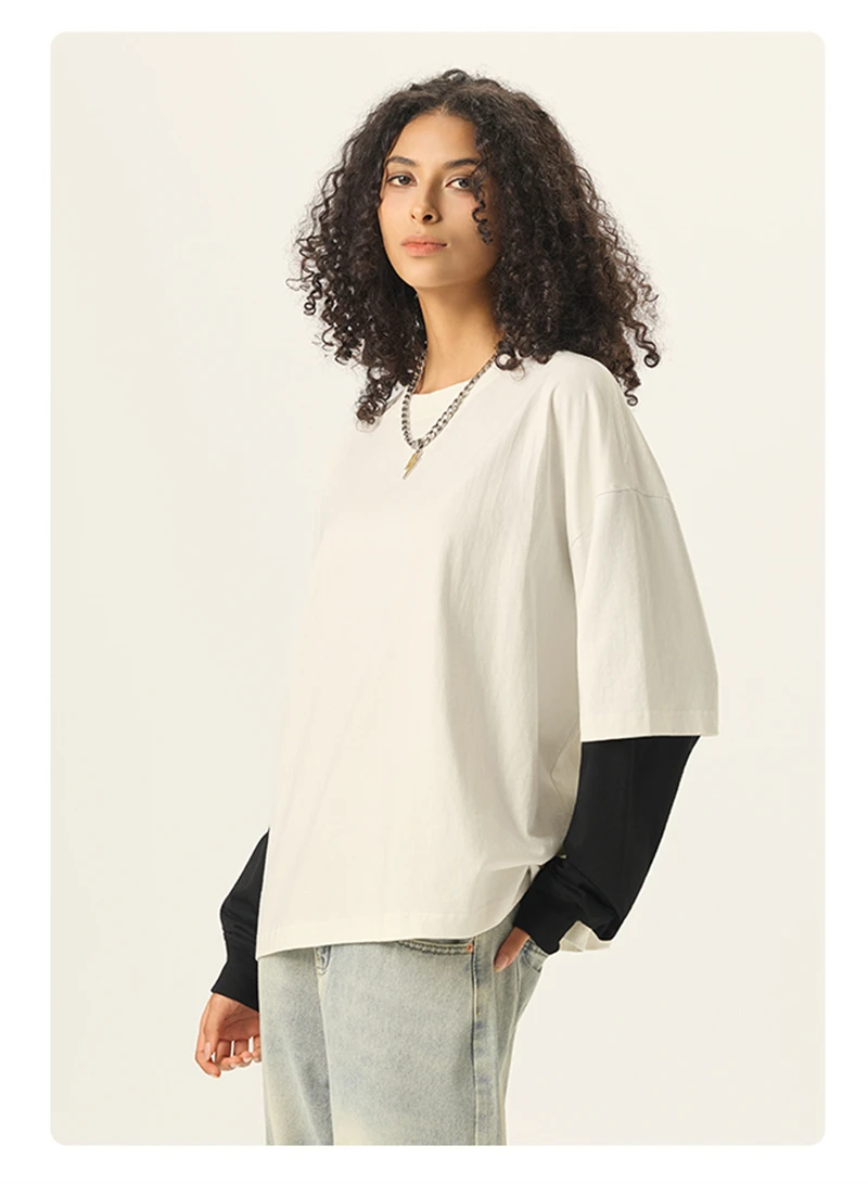 ZODF Fashion Fake 2 Pieces Long Sleeve T Shirt For Man Unisex Loose Fit 280gsm 100% Cotton O Neck T-Shirt Brand Tops HY0062