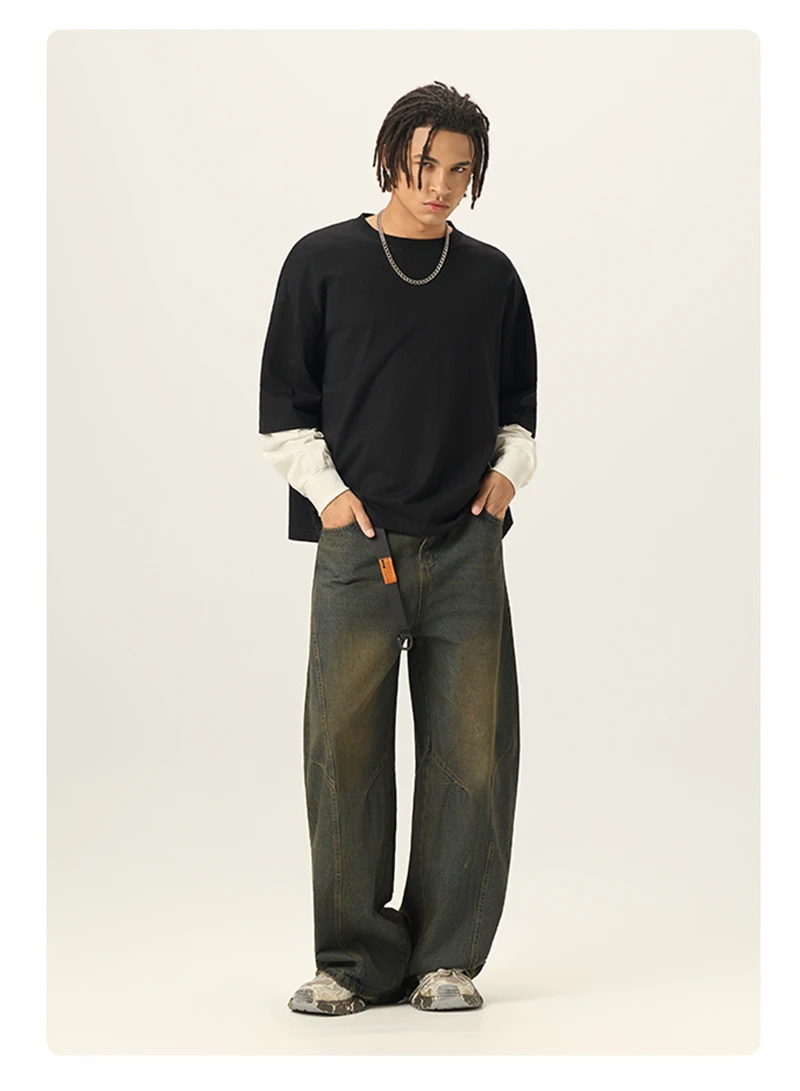 ZODF Fashion Fake 2 Pieces Long Sleeve T Shirt For Man Unisex Loose Fit 280gsm 100% Cotton O Neck T-Shirt Brand Tops HY0062