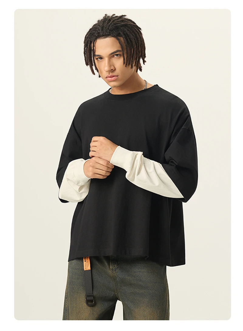 ZODF Fashion Fake 2 Pieces Long Sleeve T Shirt For Man Unisex Loose Fit 280gsm 100% Cotton O Neck T-Shirt Brand Tops HY0062