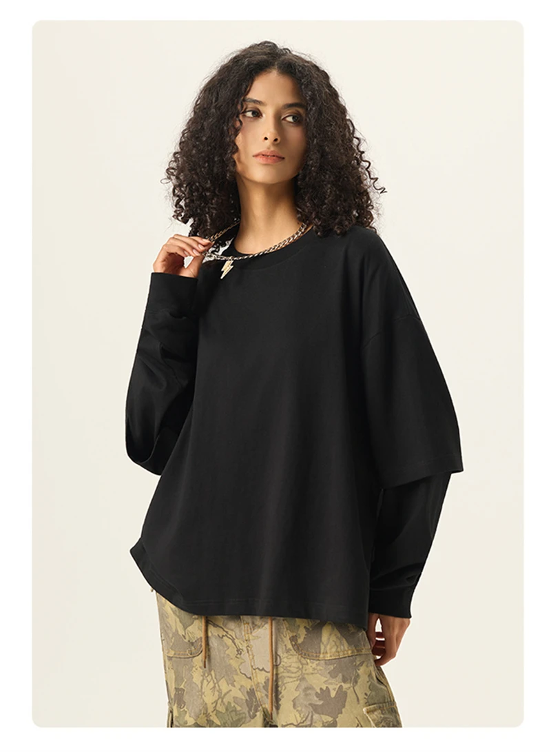 ZODF Fashion Fake 2 Pieces Long Sleeve T Shirt For Man Unisex Loose Fit 280gsm 100% Cotton O Neck T-Shirt Brand Tops HY0062