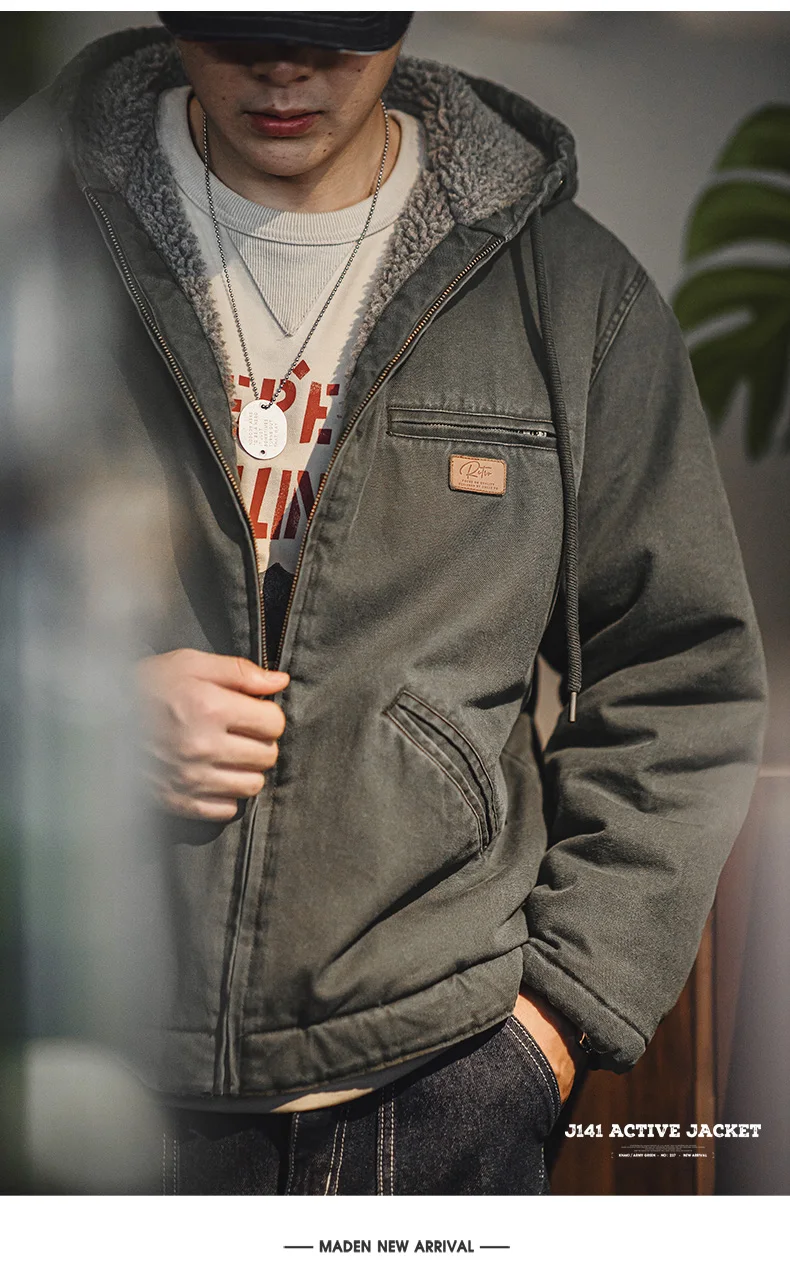 Maden Retro J141 Active Hooded Jacket Solid Color Sherpa Fleece Cotton-padded Coat with Velvet Warm  Canvas Outerwear for Men