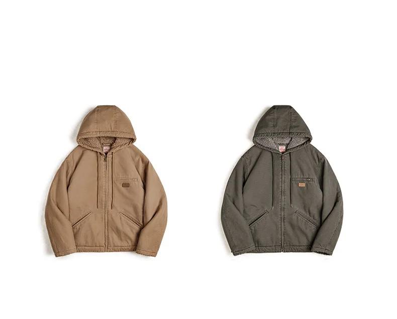 Maden Retro J141 Active Hooded Jacket Solid Color Sherpa Fleece Cotton-padded Coat with Velvet Warm  Canvas Outerwear for Men