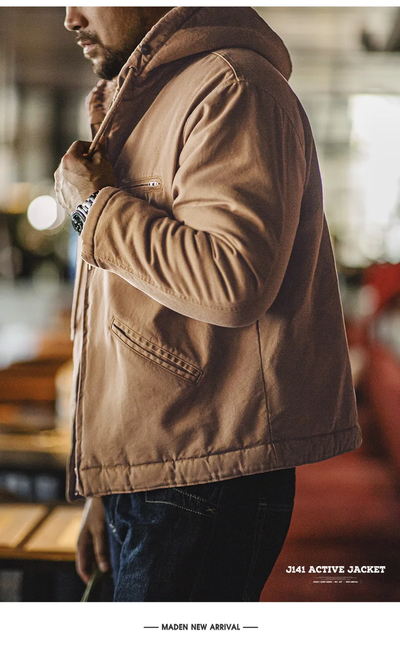 Maden Retro J141 Active Hooded Jacket Solid Color Sherpa Fleece Cotton-padded Coat with Velvet Warm  Canvas Outerwear for Men