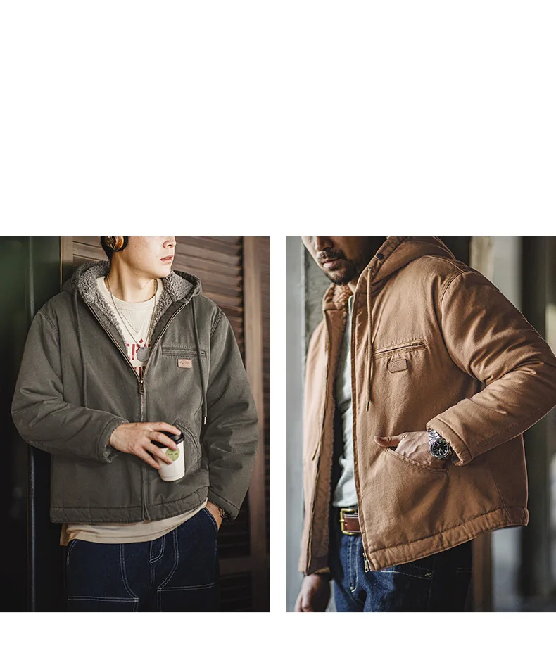 Maden Retro J141 Active Hooded Jacket Solid Color Sherpa Fleece Cotton-padded Coat with Velvet Warm  Canvas Outerwear for Men