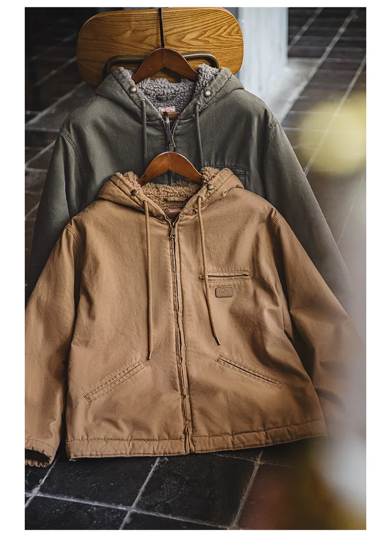 Maden Retro J141 Active Hooded Jacket Solid Color Sherpa Fleece Cotton-padded Coat with Velvet Warm  Canvas Outerwear for Men