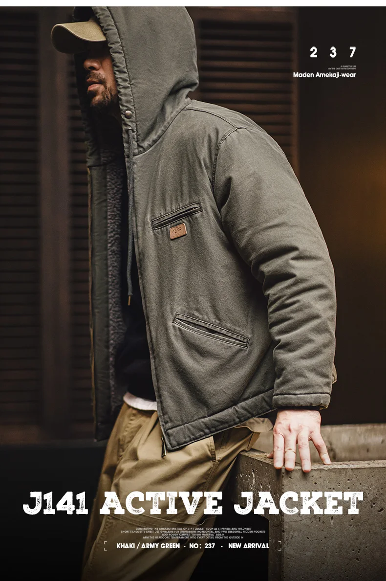Maden Retro J141 Active Hooded Jacket Solid Color Sherpa Fleece Cotton-padded Coat with Velvet Warm  Canvas Outerwear for Men